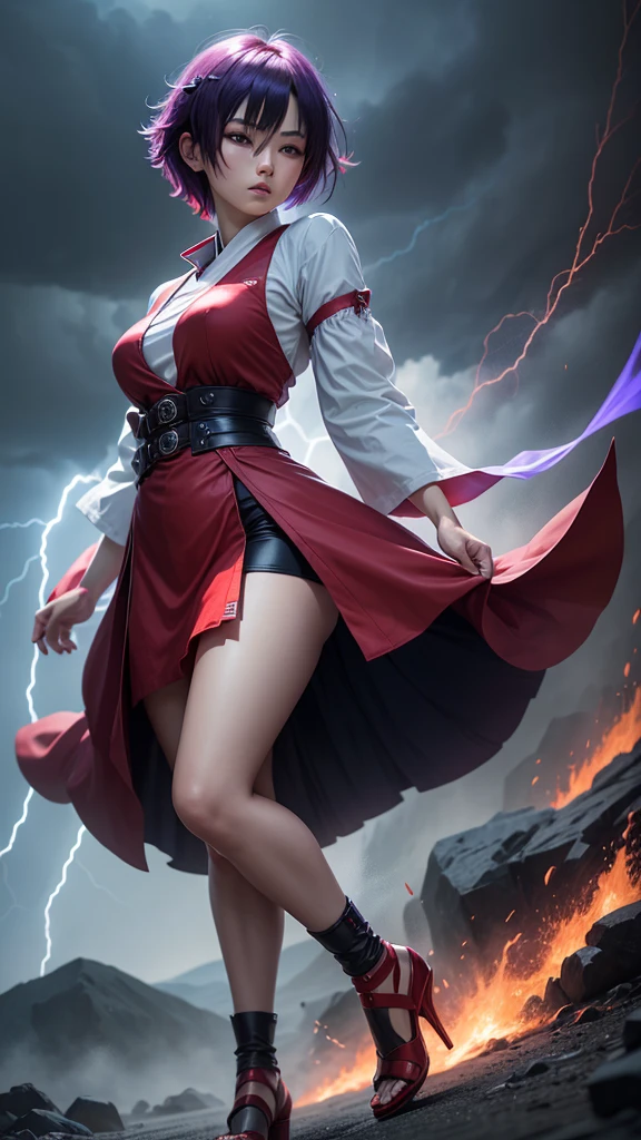 (masterpiece, highest quality, ultra high res, ultra detailed:1.3), 1 cute girl, ideal ratio body proportions, big breast, slender, full body, red long hair, low ponytail, (bangs covered both eyes completely, hair over both eyes:1.4), white tight leather mini skirt, purple turtleneck shirt, (cleavage cutout:1.3), BREAK, white leather jacket, open jacket, white leather boots, standing,