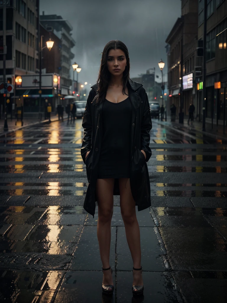 a girl standing in the middle of a zebra crossing, rainy day, realistic, cinematic lighting, volumetric fog, wet asphalt, (best quality,4k,8k,highres,masterpiece:1.2),ultra-detailed,(realistic,photorealistic,photo-realistic:1.37),intricate details,beautiful detailed eyes,beautiful detailed lips,extremely detailed face and portrait,long eyelashes,moody atmosphere,cinematic composition,dramatic lighting,vibrant colors,realistic rain effects,1girl,wearing a one-piece,high heels