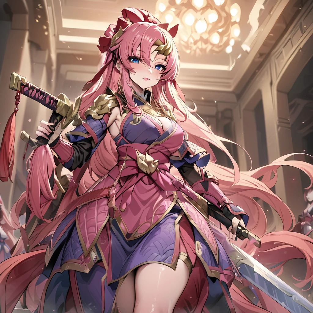 ((Highest quality)), ((masterpiece)), (detailed), （Perfect Face）、The female ancient Chinese warrior is Lacus Clyne, with blue eyes, pink semi-long hair, and is wearing luxurious ancient Chinese warrior equipment, a sword, and a luxurious headdress.、There are beautiful female warriors in the palaces of ancient China