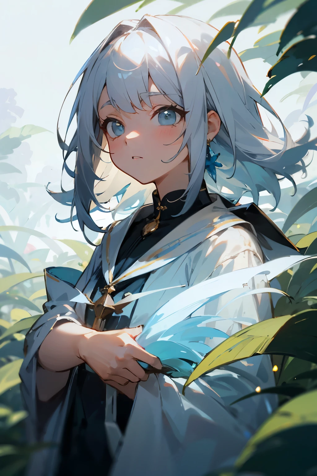 nature　Girl　magic　Gray Hair　Manipulate flowers and plants、Gray Hairのロングヘアをいつもふわりとした編み込みにしている。
Eyes are deep emerald green、見る人にnatureの力強さと穏やかさを感じさせる。
What to wear、For durable clothing for sailing、Wearing accessories with flowers and plants。They often wear a crown of flowers on their head.。