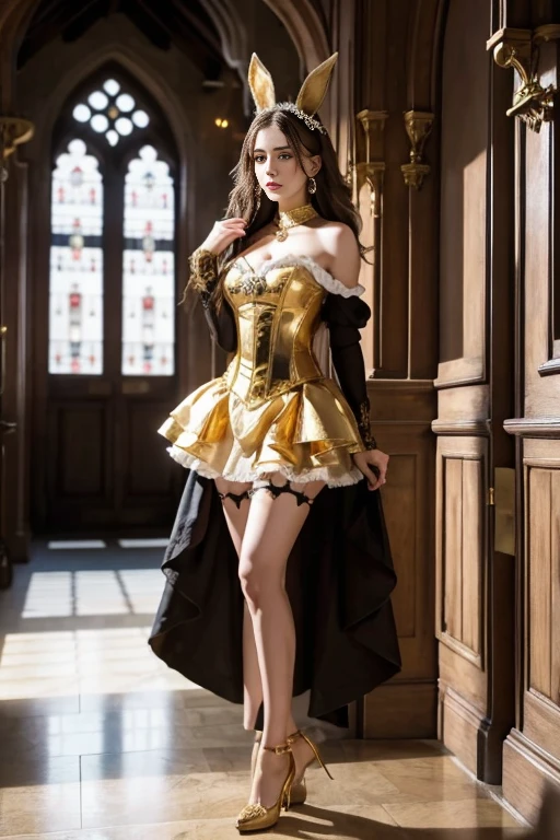 masterpiece, Highest quality, Realistic, Very detailed, Finer details, High resolution, 8k wallpaper, One beautiful woman, Dressed in a lovely gold and black bunny girl outfit, wearing the garterbelt, In the hallways of a wonderful medieval castle, At night, Light brown messy hair, Perfect dynamic composition, Beautiful and beautiful eyes、Big earrings、(((Standing with legs apart、whole body