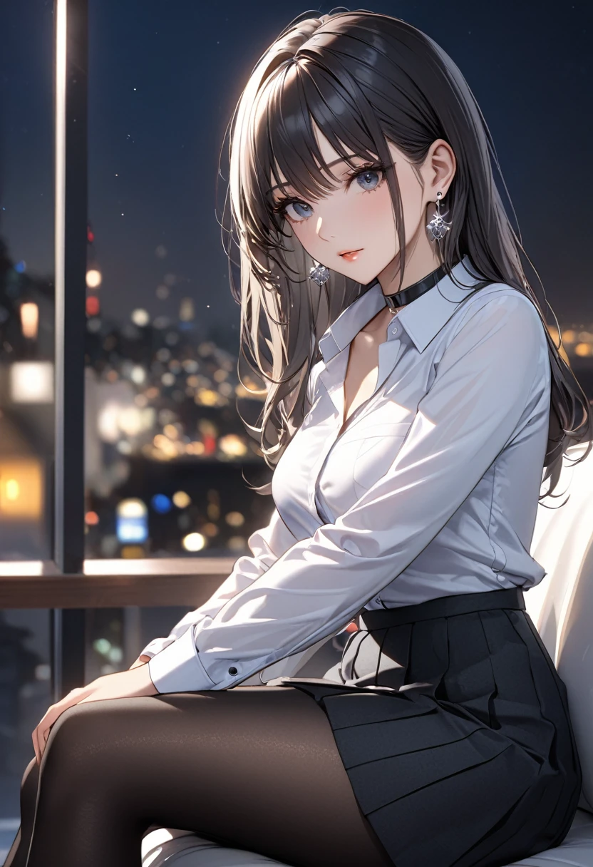 best quality, super_delicate, ultra detailed, beautiful, 8k , 1girl, sitting, business shirt, skirt, earrings, choker, black tights, nikke, night