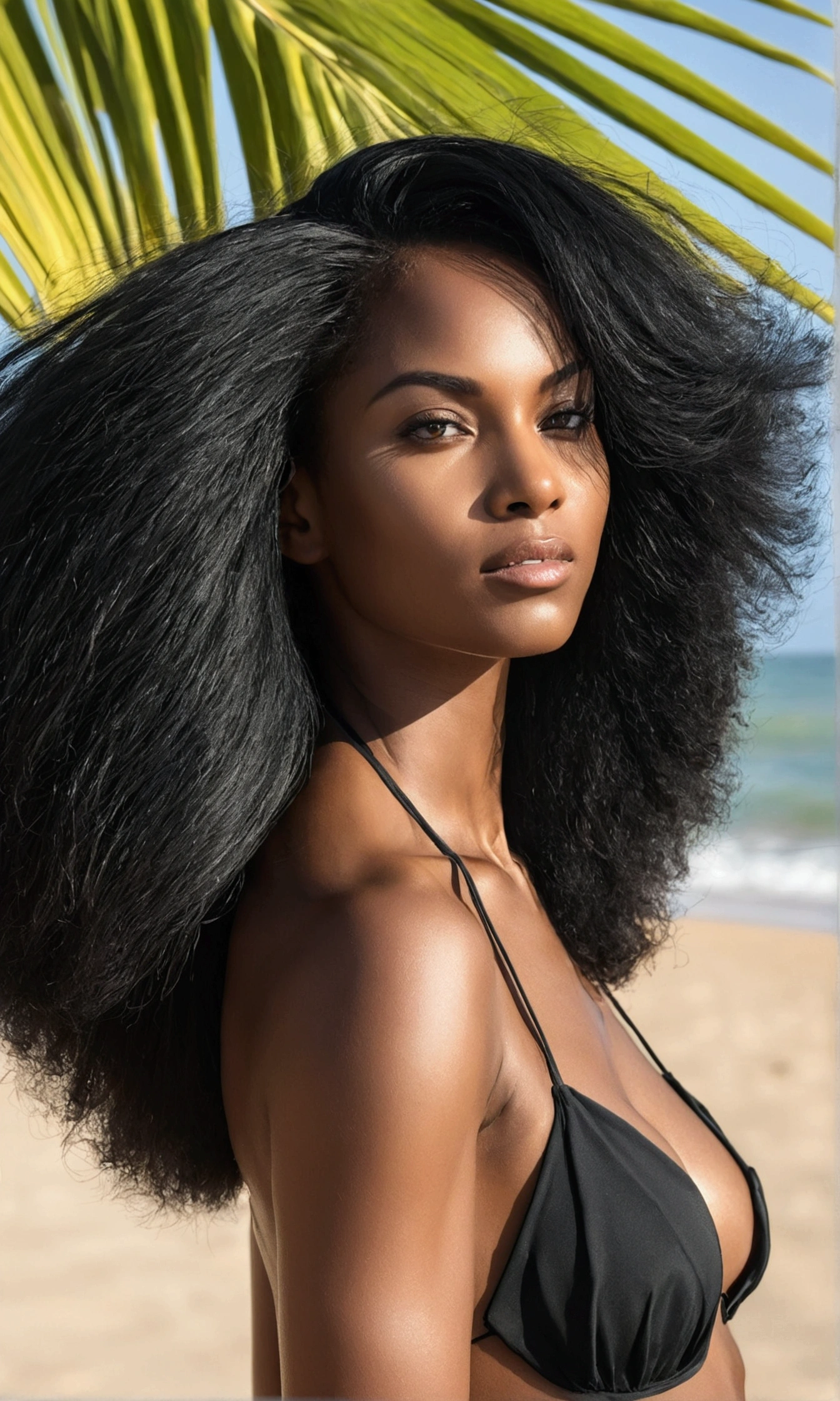 Une belle et incroyable femme noire brésilienne avec des cheveux lisses noir,Portrait de tout le corps sexy, cheveux lisse noir , photo complète du corps à la plage avec des palmiers avec des cheveux lisses