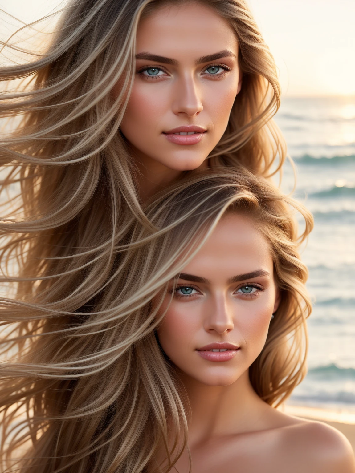 Cinematic soft lighting illuminates a stunningly detailed and ultra-realistic beautiful Greek supermodel, beach look, long messy windy dark blonde hair, clear Dark Blue eyes, captivating perfect smile, sensual, hot woman, gorgeous, that is trending on ArtStation. Octane is the perfect tool to capture the softest details of this 16k photography masterpiece.
