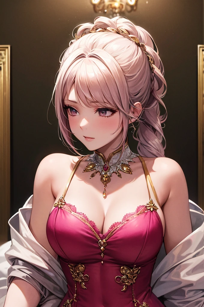 woman, elegant, Pink Dress, Aristocratic, silver element, Exposing shoulders, Hairstyle, Put your hair up, Braids and ponytails, Detailed dress, Royalty, celebration, Hall decorated with flowers, Cowboy Shot, Portraiture, (Highest quality), (masterpiece), (Very detailed), (4K)
