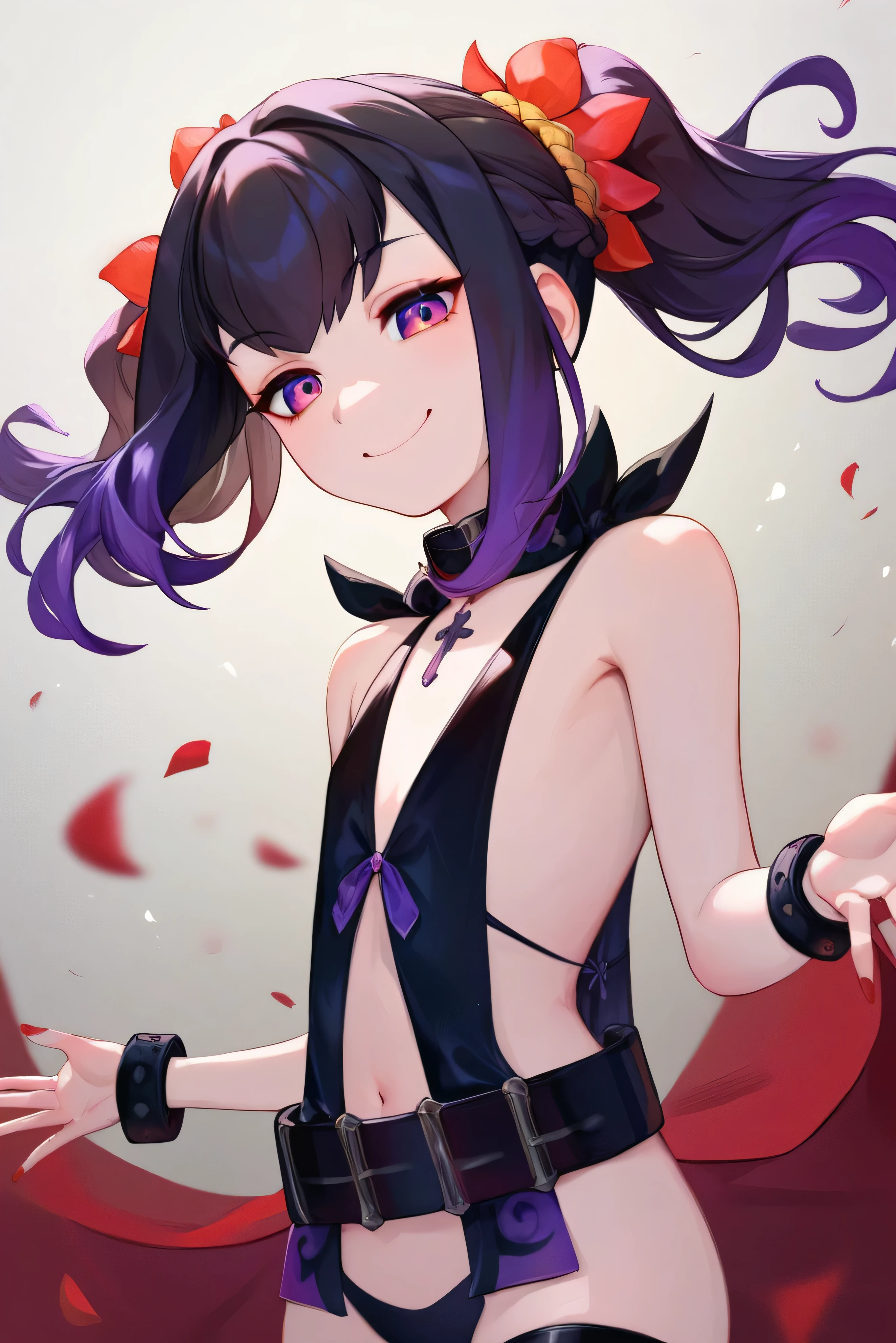 score_9, score_8_up, score_7_up, very aesthetic, source_anime, detailed, high quality, beautiful, masterpiece, detailed eyes,

cowboy shot, upper body, emotionless, looking down at viewer
from behind, 
flat chest,
symonne, pale white skin, black hair, two-tone hair, purple hair, multicolored hair, gradient hair, french braid, purple eyes, twintails, hair ornament, red nails, half-closed eyes, 
(sideless outfit), revealing clothes, belt, black thigh highs, choker,, zPDXL,two hands,five fingers,sadistic smile,deep shaded face,singlebraid,smile worst,worst ridecule,evil moukery,latex thighhigh socs,laugh full of malice,,A face full of evil,Too evil ridicule