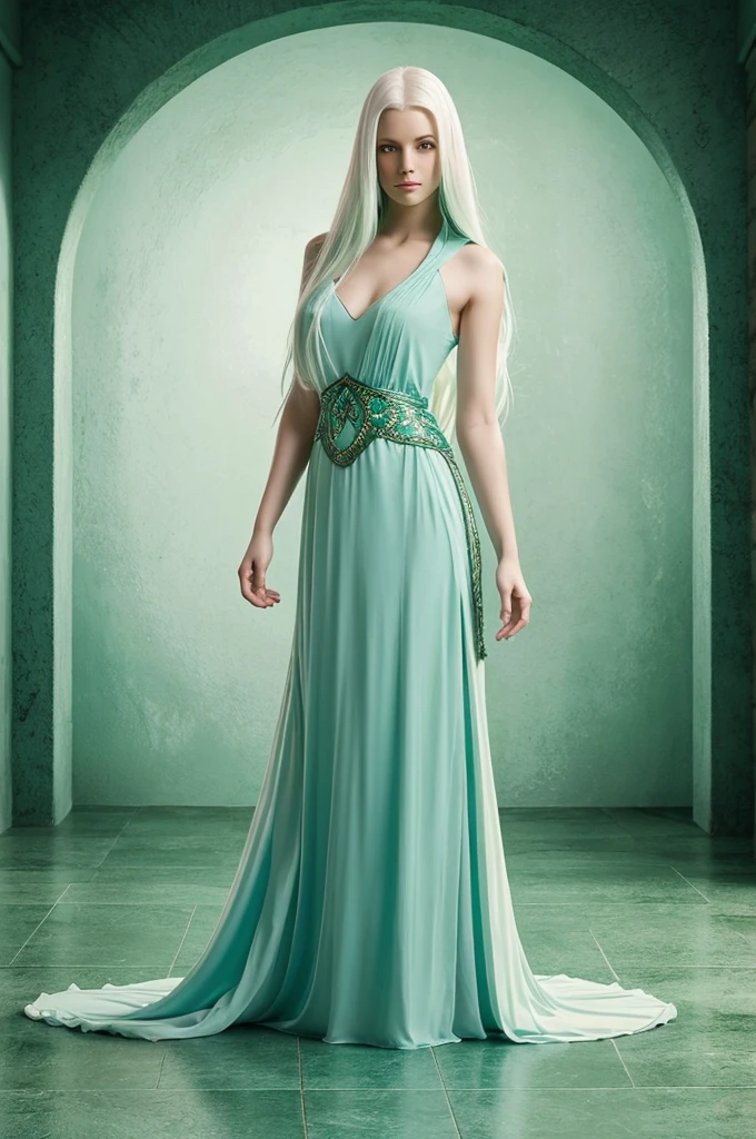 full body portrait, female character, long flowing pale cyan hair covering left eye, elegant green floor-length dress with medieval fantasy elements, mysterious black market merchant, fair skin tone, simple 3-color art style (pale cyan, green, skin tone), white background, poised stance