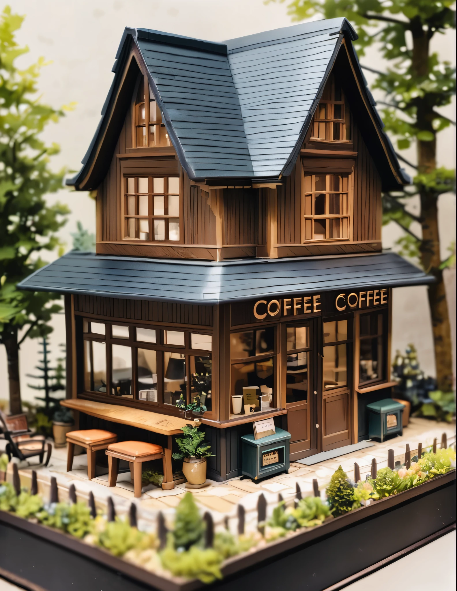 (Miniature House),(Exquisitely crafted),in the forest,(Cute coffee shop)