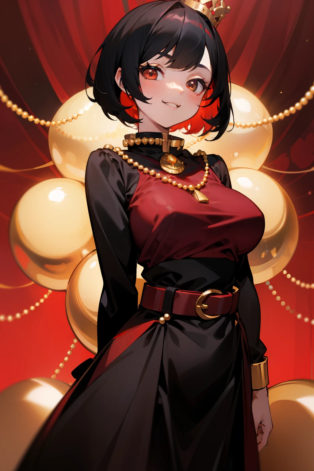 Cute girl, short black hair, smile, gold crown with pearls and decorations, red collar, red wide collar, black dress with long sleeves, big breasts, red belt, red decoration on the waist