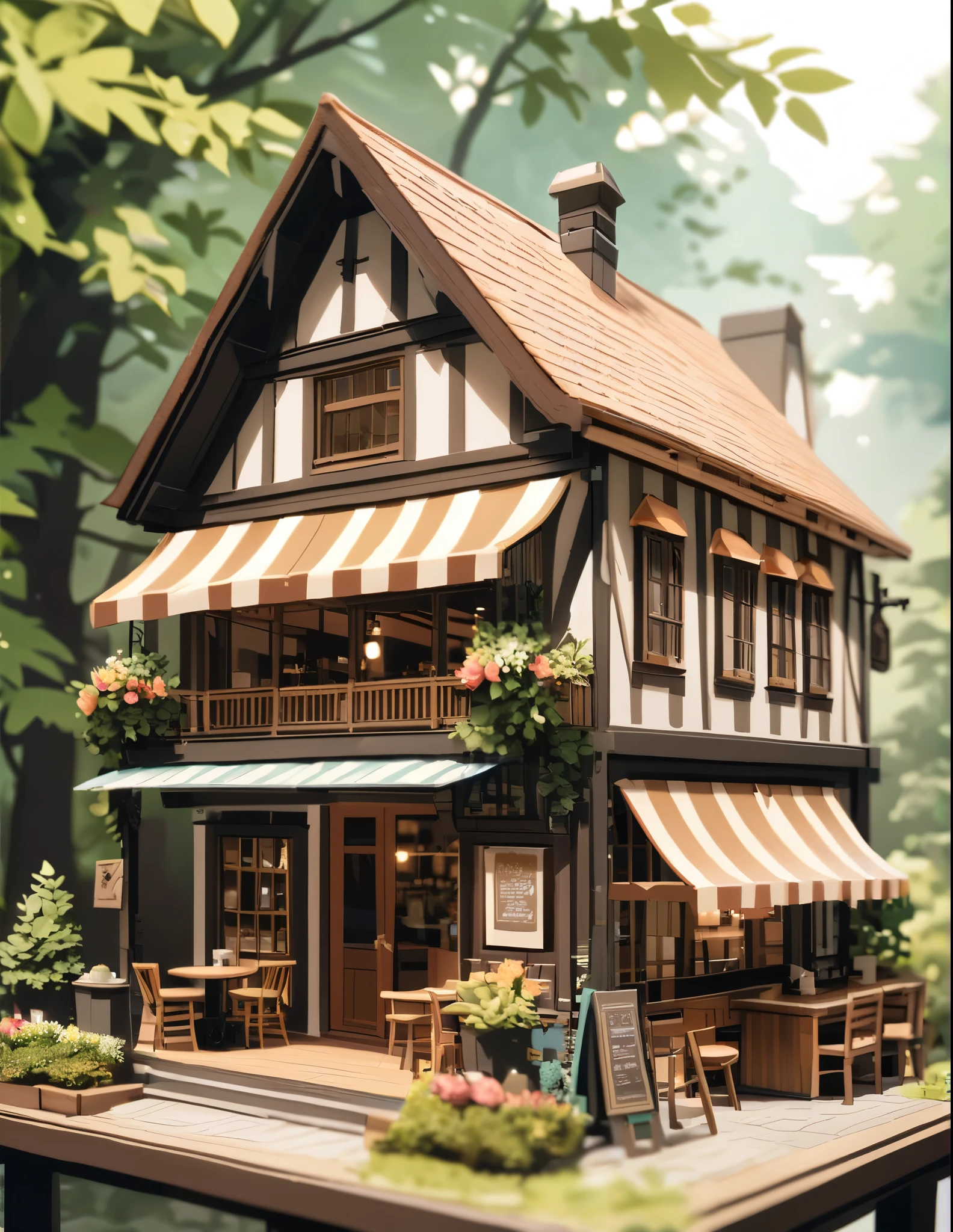 (Miniature House),(Exquisitely crafted),in the forest,(Cute coffee shop)