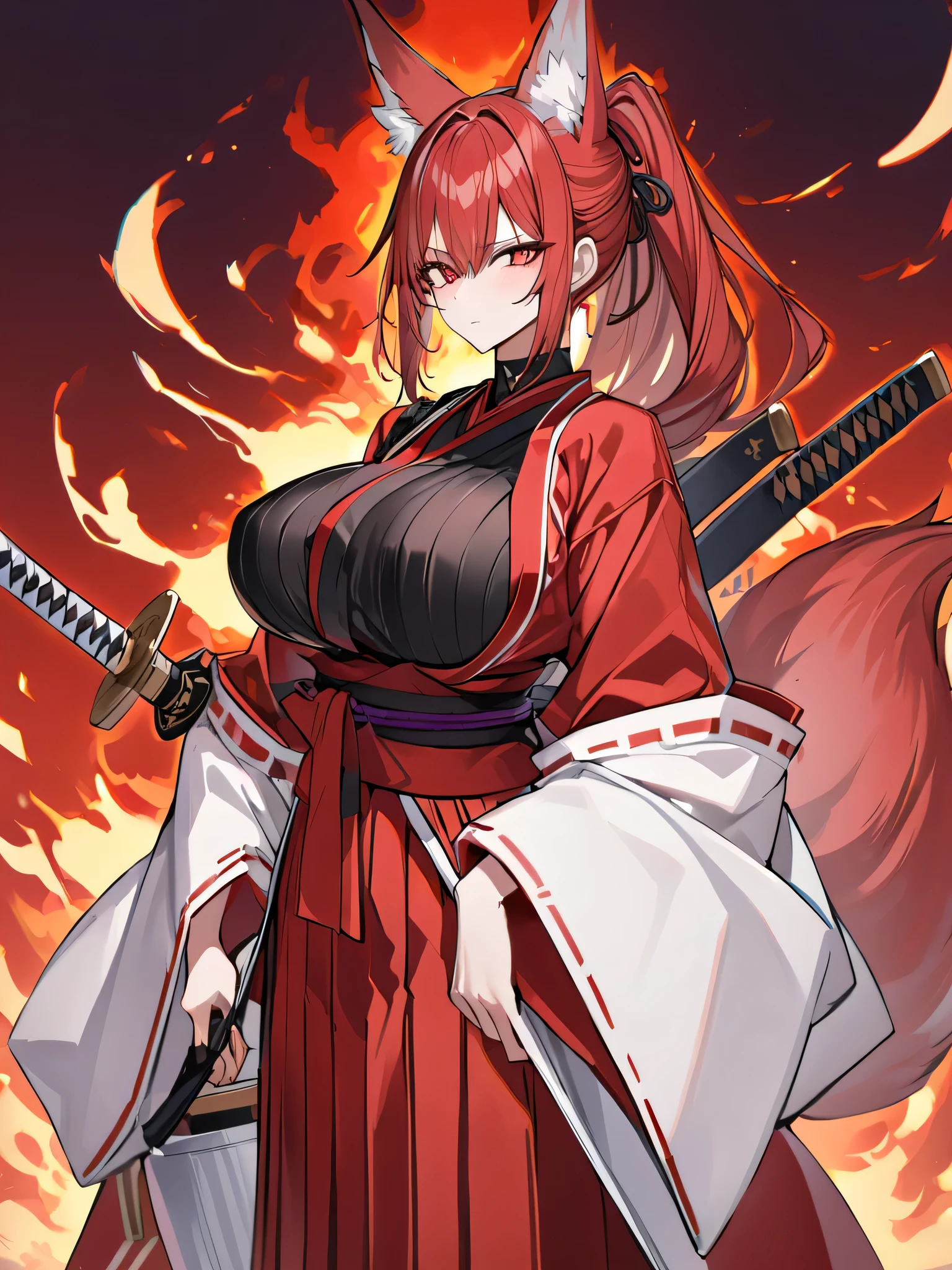 8K Highest quality Red long ponytail Red fox ears Nine fox tails Very large breasts Flaming Japanese sword Red jacket Long hakama Red eyeshadow on lower eyelids Red burning background Japanese style Samurai Iaido
