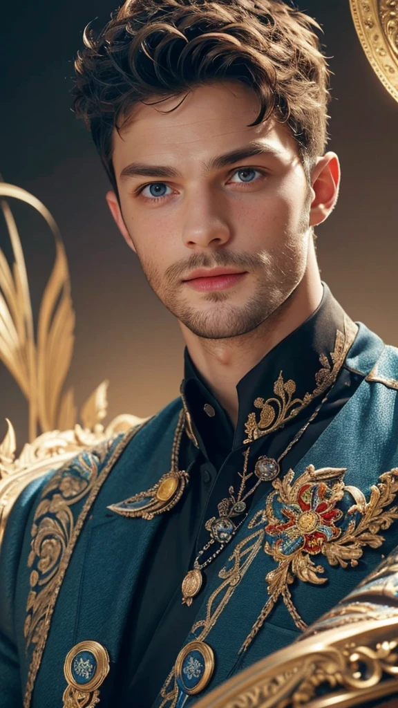 A masterpiece Jamie Dornan with extreme detailed features in a fractal art style, showcasing the highest level of quality and aesthetics. The artwork should be filled with vibrant and colorful visuals, reflecting the intricate details of the fractal patterns. The boy's appearance should be captivating, with attention given to every aspect of his face, such as his eyes, nose, and lips, ensuring they are beautifully detailed. The artist should strive for excellence, creating a visually stunning and breathtaking artwork. The overall style should be official and polished, resembling professional artwork. The image should have a realistic touch, with sharp focus and vivid colors that pop. The lighting should be carefully designed to highlight the boy's features and bring the artwork to life.