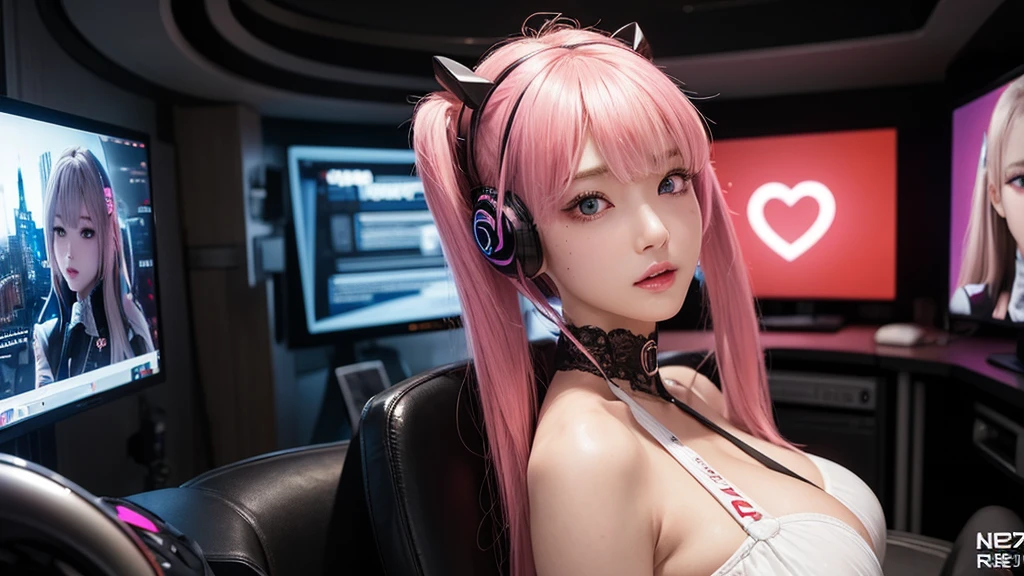 masterpiece, 1 beautiful girl, solo shot,Detailed eye, Swollen eyes, top-quality, 超A high resolution, (reality: 1.4), Movie Lighting, japanes, a asian beauty, very extremely beautiful, Beautiful skins, A slender, Forward-facing body, gazing at viewer、(A hyper-realistic), (hight resolution), (8k), (ighly detailed), ( Best Illustration), (beautifully detailed eyes), (Ultra-detail), Detailed face, Bright lighting, Professional Lighting、The background is a cyberpunk room with many monitors..、Hair color is pink twin tails、、headset on head、Moles under the eyes、Plump and glossy lips、Heart-shaped choker、Female Game Commentator, Close eyes