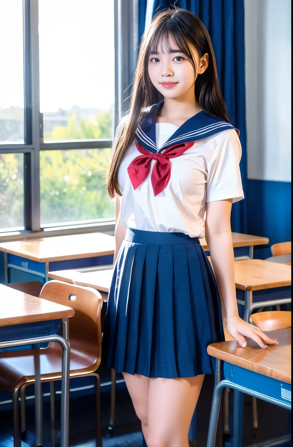 Raw photo , 1 girl  ,Wearing sailor uniform, (((ankle length skirt))), (( girl lifting skirt in the classroom)) , professional photographer, (hdr:1.4), masterpiece, ultra-realistic 8k, perfect artwork, intrincate details, cute face, award winning photograph, (Best quality, 8k, 32k, Masterpiece, UHD:1.3) ,