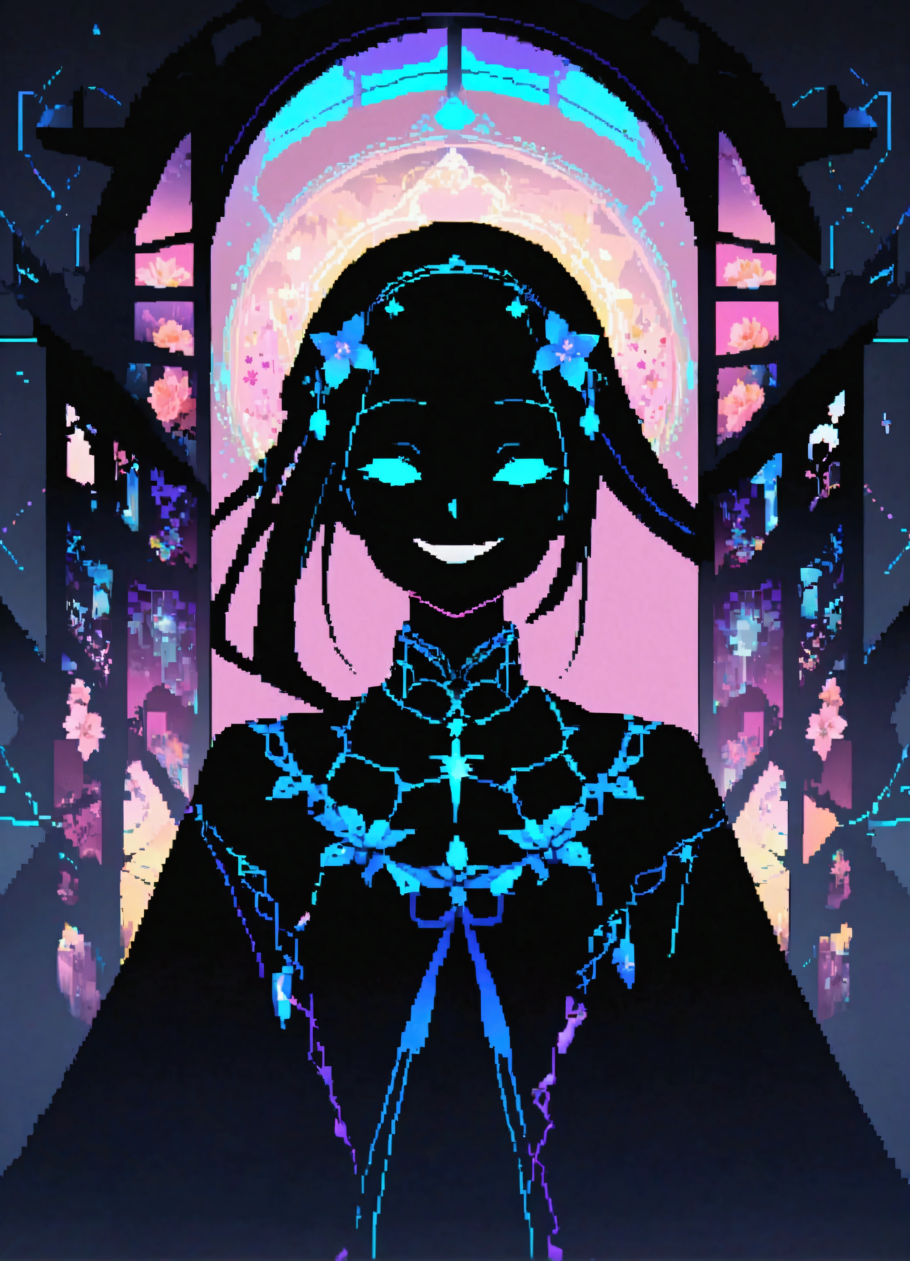(Highest quality、Super detailed)、Silhouette Art、One woman、solo、Close-up、Crazy Smile、Gothic Shrine Maiden、、Glowing Wireframe、oil、Formula、Bioluminescent Arc、Glitch Art、Floral、Mosaic Art、Ultra-high resolution、Absurd、Double Exposure、BREAK score_9、score_8_up、score_7_up
