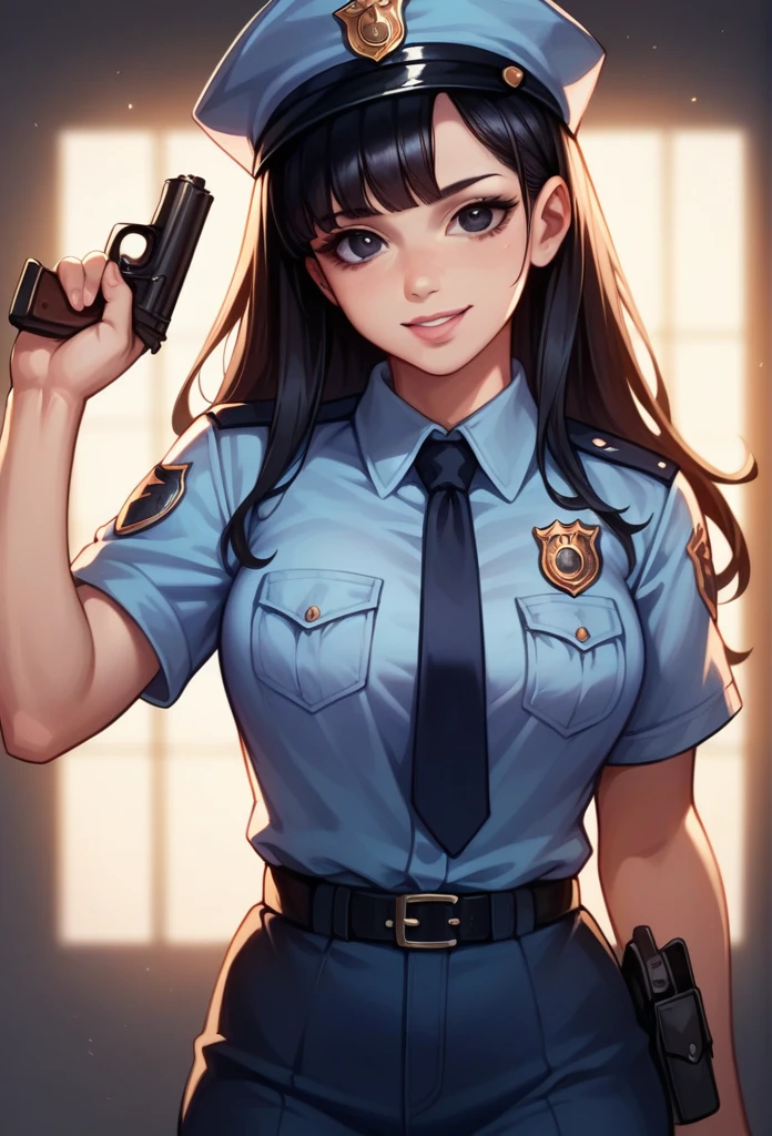 1 beautiful police woman, slim female police officer in uniform, evening soft lighting, detailed face and big black eyes, long black hair with fringe, light pink lips, smiling at viewer, holding gun in hand.