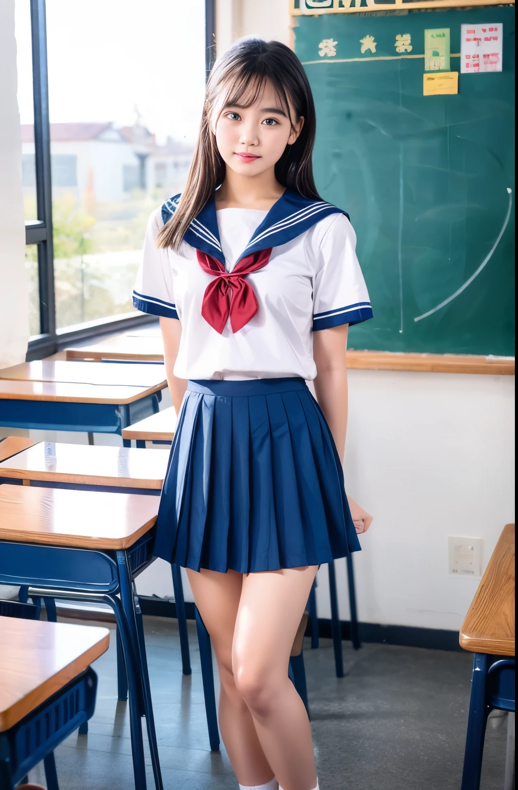 Raw photo , 1 girl ,Wearing sailor uniform, (((ankle length skirt))), (( girl lifting skirt in the classroom)) , professional photographer, (hdr:1.4), masterpiece, ultra-realistic 8k, perfect artwork, intrincate details, cute face, award winning photograph, (Best quality, 8k, 32k, Masterpiece, UHD:1.3) ,