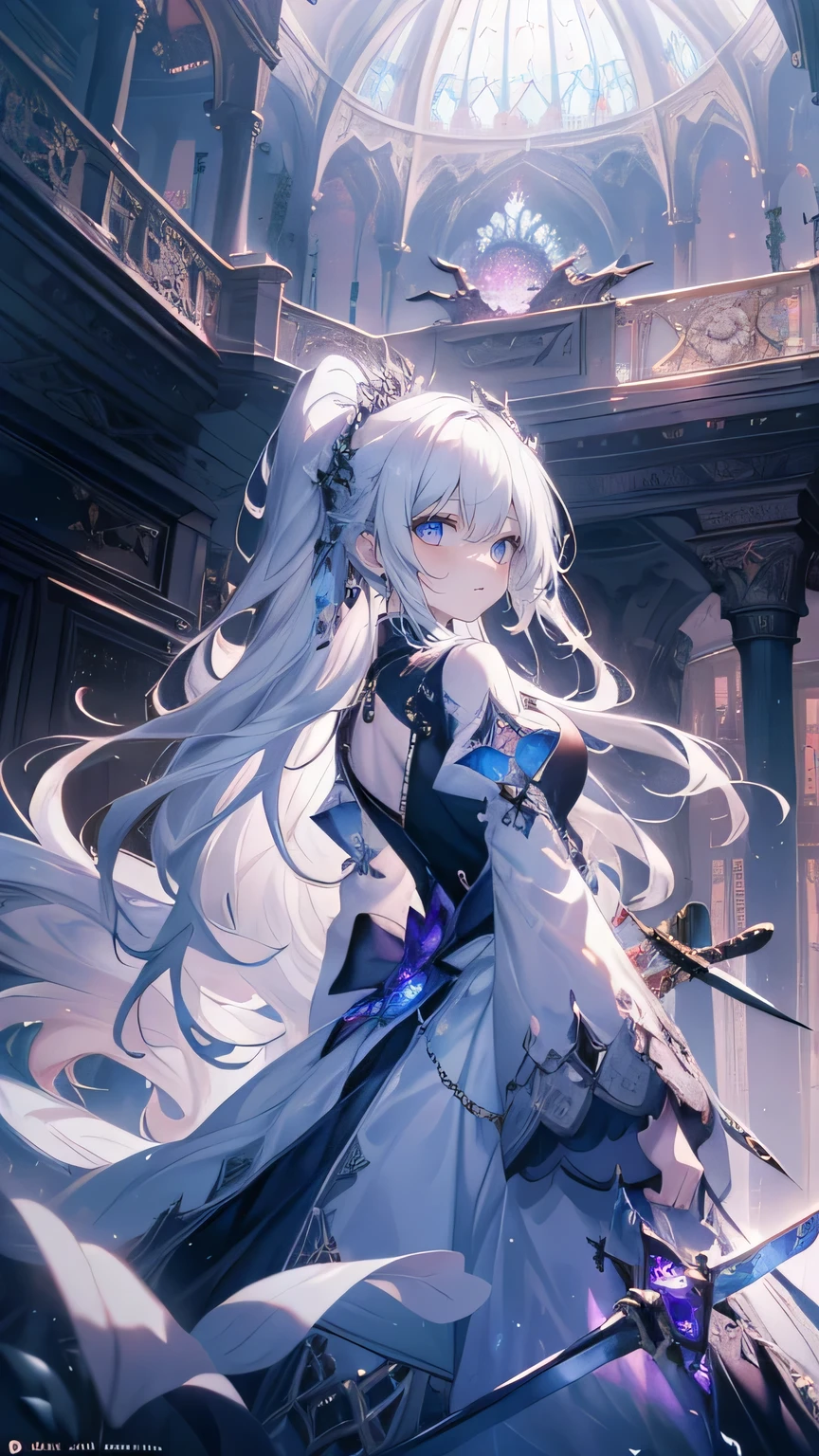 (best quality, masterpiece, Very detailed, Very detailed, Beautifully, 16K, absurd, Full HD), Gothic castle, Luxurious and gorgeous decoration,(Fairy Knight Princess, Purple Eyes, big eyes, Pale skin, expensive, Slim, thin and long),(Decide, GoingInsane, Serious expression), (((Prepare to attack with sword:1.2))), View your audience, Cover one eye, Long hair tied back, White hair, (fantasy, Romantic atmosphere), Drama Studies, Practical, , (Medium shot), (From below), Low angle shot, Front view, ((Symmetrical configuration)), shine, (Dramatic Lighting), (Cinema Lighting), (Volumetric Lighting), (Dynamic Lighting), (Vibrant colors), Vibrant colors, Warm colors, (Architectural Photography)