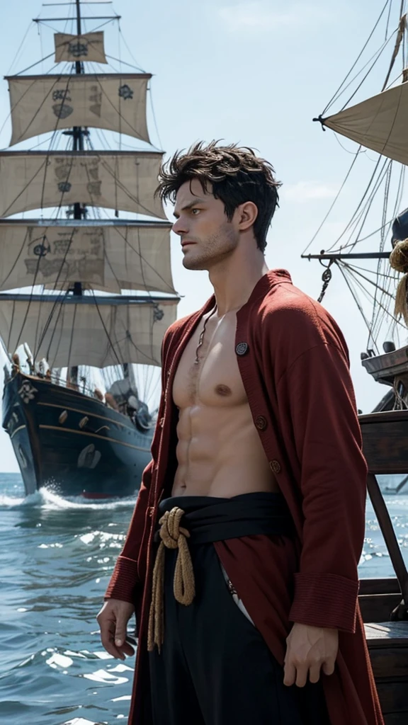 Jamie Dornan as a Luffy has black shaggy hair, round black eyes, and a slim muscular build. He is renowned for his trademark straw hat, which was lent to him when he was young by the legendary pirate captain, "Red-Haired" Shanks,[35] who in turn received it from Gol D. Roger.[43] Luffy wears an open, long-sleeved red cardigan with four buttons, with a yellow sash tied around his waist (somewhat reminiscent of Gol D. Roger's outfit). Luffy also has a (scar underneath his left eye), which he earned as a  by stabbing his face to show Shanks that he was tough enough to be a pirate.[44] He was severely wounded by Akainu in the Summit War of Marineford,[45] leaving a large scar on his chest.[46] ((pirate ship background)).