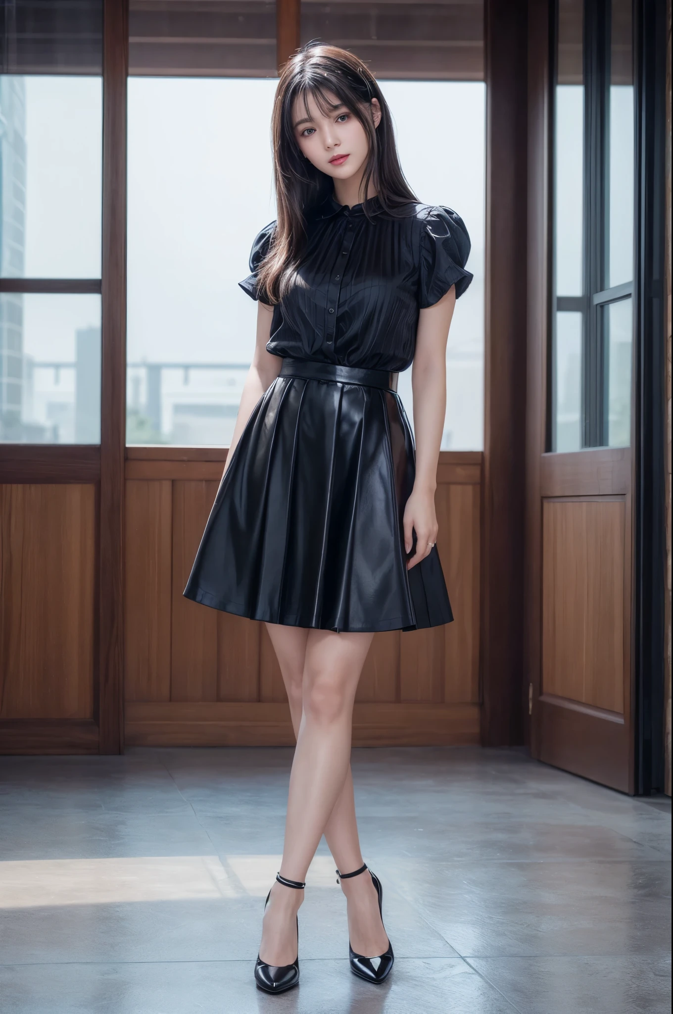 ((Best image quality、8k、masterpiece：1.3))、Realistic high-quality photos、Highest quality、Beautiful and elegant face and eyes、Black Hair、Shiny Hair、 OL、Wearing a short-sleeved blouse、Wear a long skirt、Full Body Shot.