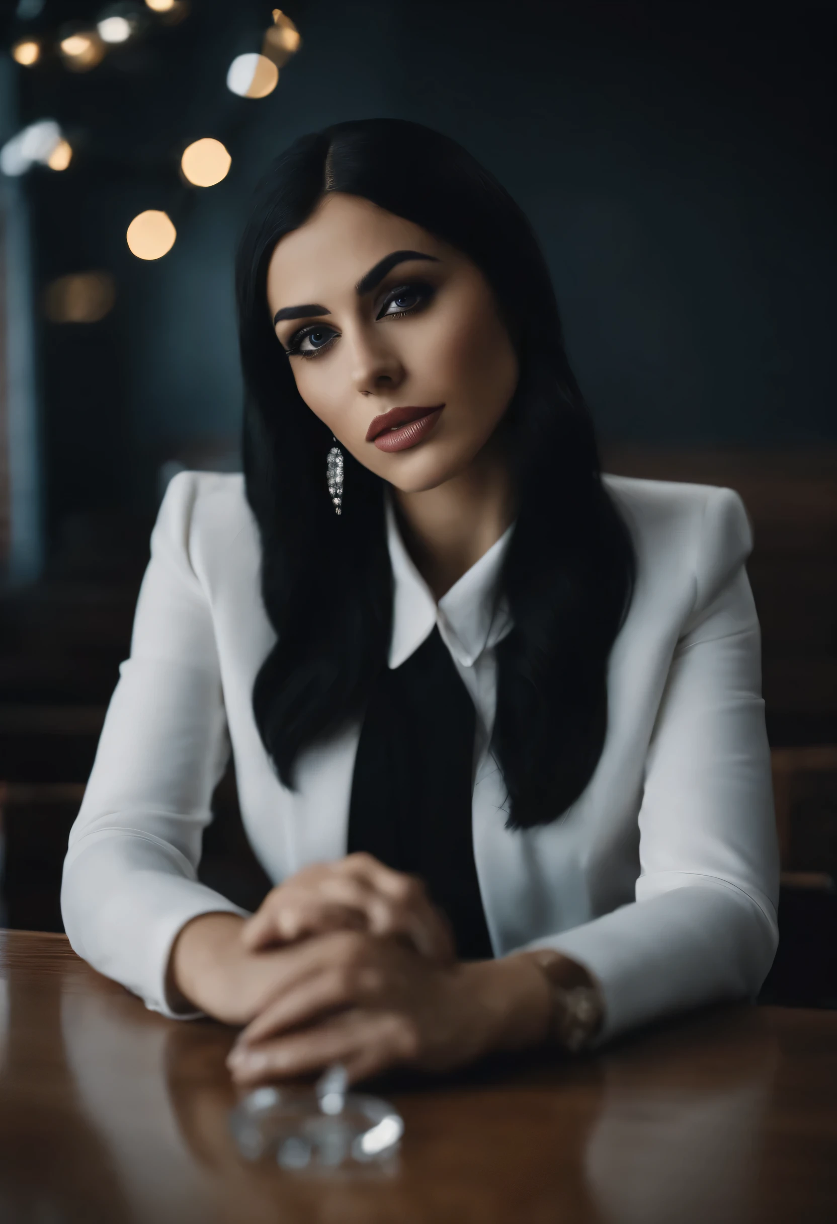 A short, pretty girl with long hair and black eyes. Good lips and diamond face shape. sitting not disc , looking at the camera , giving an educational talk , professional outfit