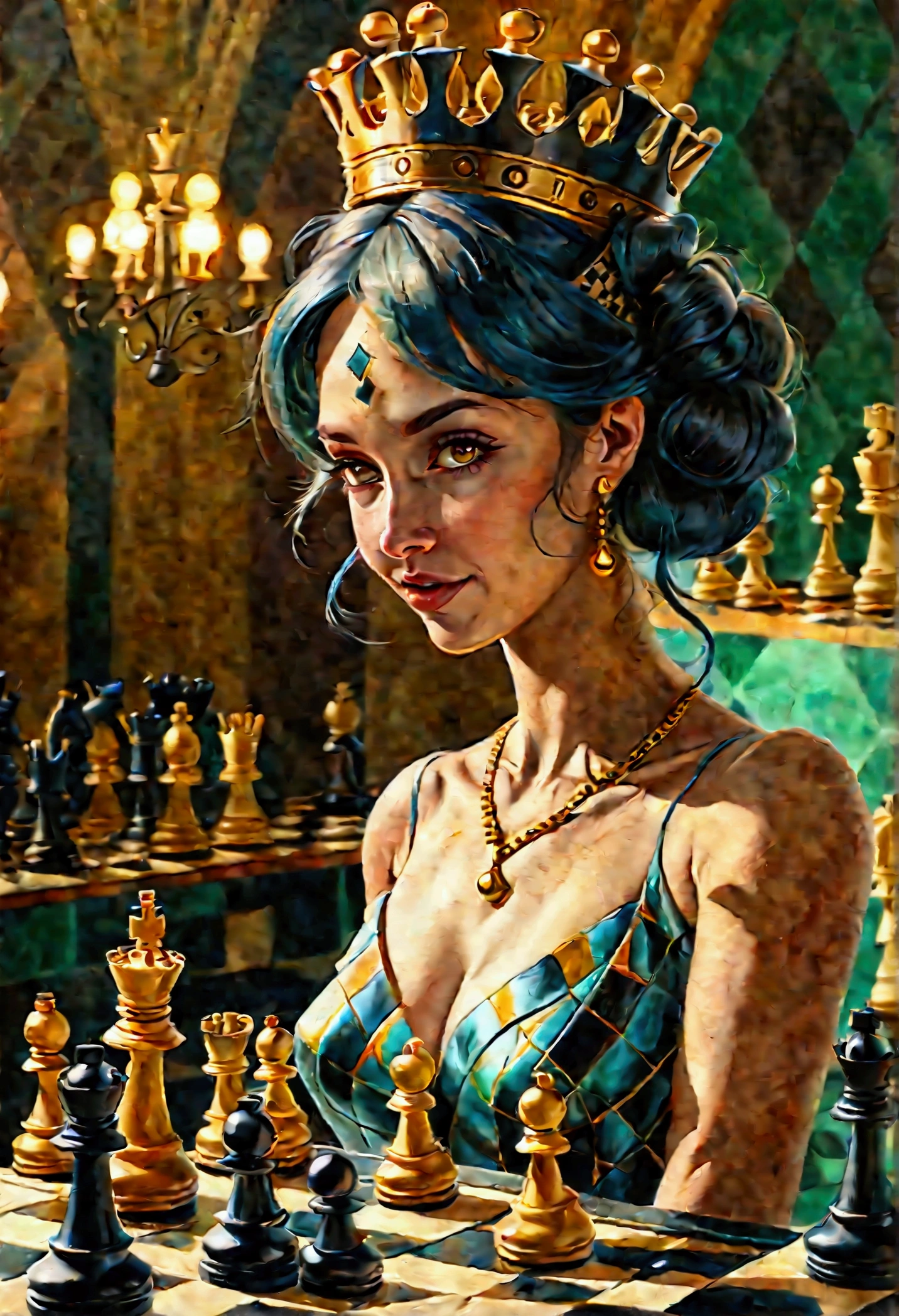 a picture of a woman proud, happy, overjoyed, victorious after winning chess game, a beautiful woman ((full body shot: 1.5)), ((anatomically correct: 1.5)) (ultra detailed face: 1.4), dynamic skin complexion, dynamic hair style, dynamic hair color, ((winning a chess game: 1.5)), at chess tournament, she is dressed in elegant dress, intricate dress, dynamic color dress, dynamic style dress, wearing high heels, a ((look of satisfaction: 1.3)), a look of ((victory: 1.3)), a look of overcoming great obstacle, chess tournament background,  vibrant, Ultra-high resolution, High Contrast, (masterpiece:1.5), highest quality, Best aesthetics), best details, best quality, highres, 16k, [ultra detailed], masterpiece, best quality, (extremely detailed), Cinematic Hollywood Film style