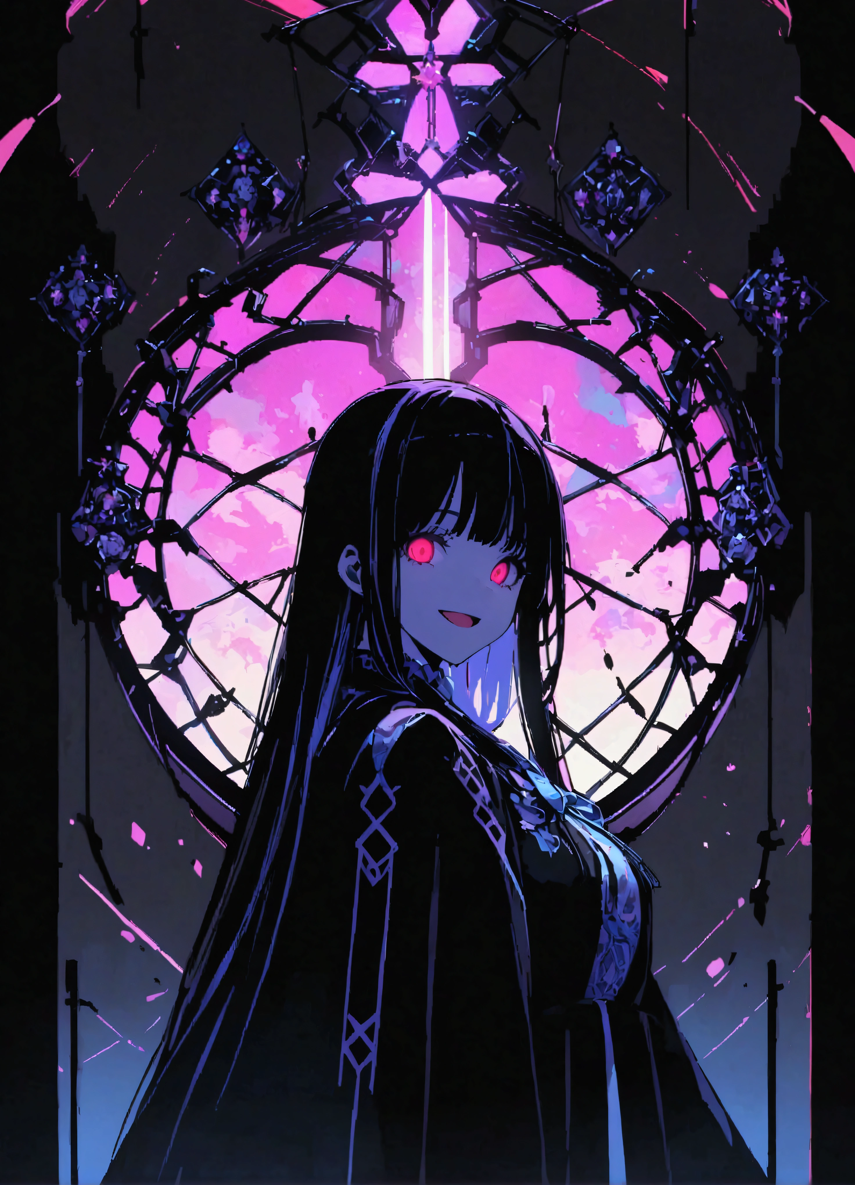 (Highest quality、Super detailed)、Silhouette Art、One woman、solo、Close-up、Crazy Smile、Gothic Shrine Maiden、、Glowing Wireframe、oil、Formula、Bioluminescent Arc、Glitch Art、Floral、Mosaic Art、Ultra-high resolution、Absurd、Double Exposure、BREAK score_9、score_8_up、score_7_up