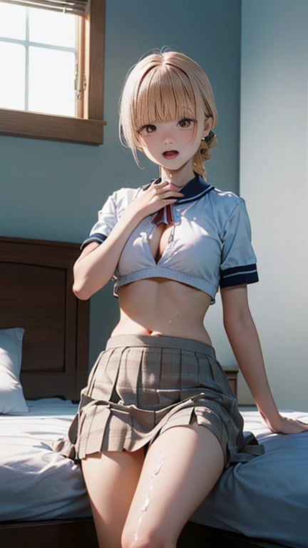 (Official Art、Highest quality、unity 8k wallpaper、32K、masterpiece、Very detailed、Ultra-high resolution、Realistic、Realistic:1.2)、(Cinema Lighting:1.2)、Fire glow effect、Film Grain、Best Shadow、Rim Light、Side light、(Highly detailed and exquisite 3D rendering)、(From below:1.4)、Sharp pupils、Realistic生徒、Cowboy Shot, Very detailed背景、Beautiful Face、Blurred Background、beautiful girl、(Very detailed肌、Detailed skin texture:1.3)、Sailor suit、Dark blue pleated skirt、Thighs Thighs Thighs Thighs、White socks、(Stretch your back、Standing on tiptoes:1.3)、(Write on the board、With chalk、Her skirt is rolled up:1.2)、White panties are visible、Panic look、Watery eye、Embarrassed look、、Beautiful belly button、Beautiful cleavage、Shaking breasts、Shyness、Happy expression、(((My Room、stuffed toy、flower、flower瓶)))、(((On the bed)))、((((Obscene language、Invite to sex、Spread your legs、With your legs spread, you can see your vagina better、Raise both legs high、White fluid squirting from vagina、Open your mouth、lots of white drool))))