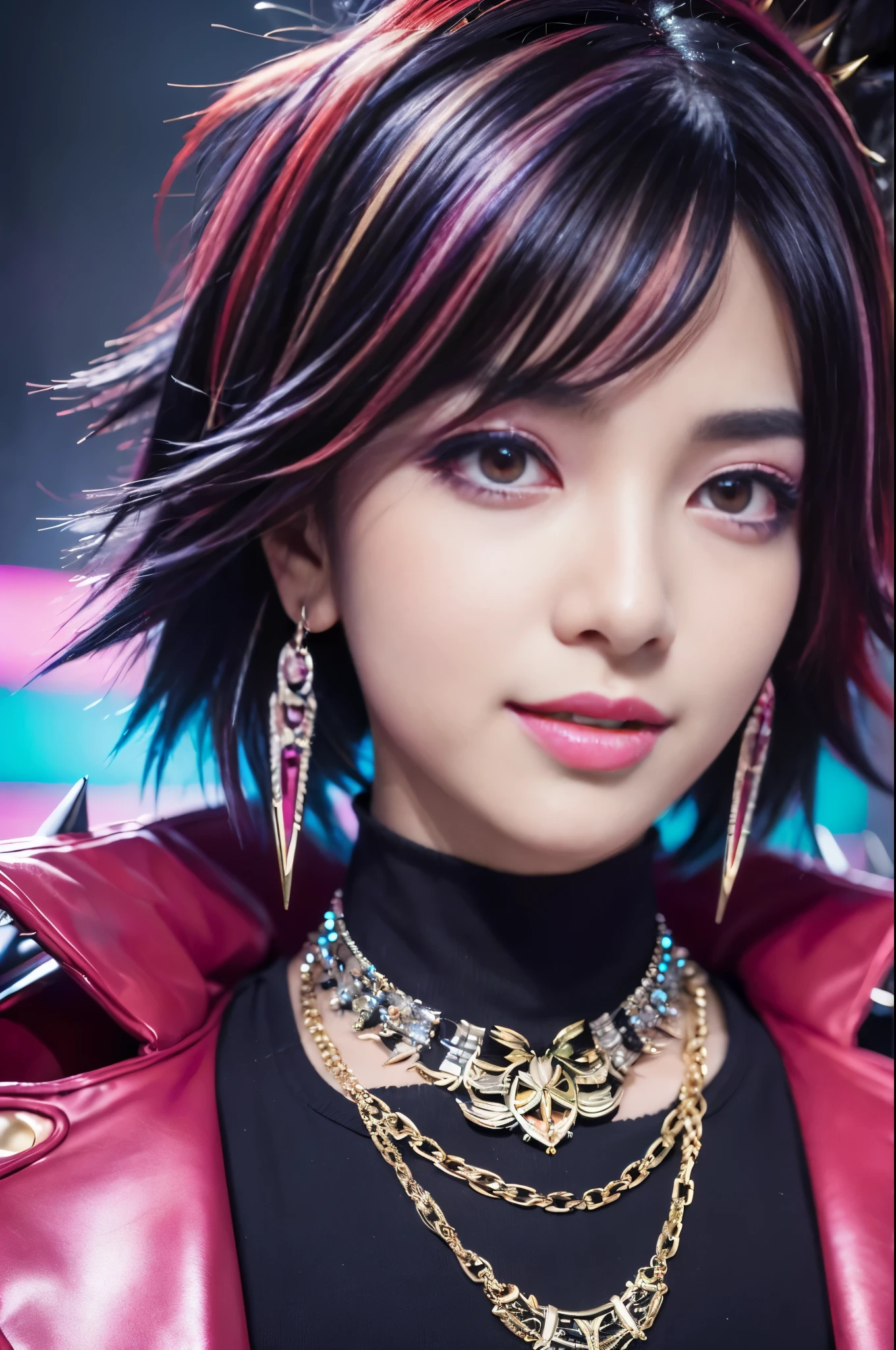 (masterpiece:1.4), (best quality:1.4), ultra high res, ultra high resolution, ((ultra detailed facial features)), HDR, (realistic, photorealistic, photo-realistic:1.37), 1 man, full body Esbian, sexy Japanese male, (-anime), vivid colors, ((vivid colors multicolor (Visual Kei style spikes and curls very short hair))), (big smile), ultra detailed glam rock makeup, bold lip-color, long lashes, defined eyebrows, wearing large dramatic Nana Visual Kei jewelery, wearing a Nana Visual Kei cosplay, ((vivid Nana Visual Kei outfit)), layered clothing, look at the camera, cinematic light, rockstar festival stage background with multicolor lights, sweet and sexy pose
