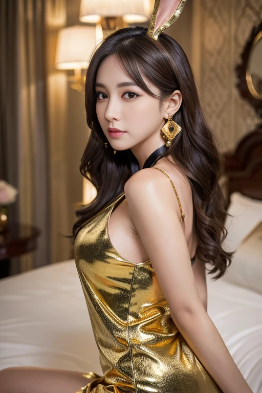 masterpiece, Highest quality, Realistic, Very detailed, Finer details, High resolution, 8k wallpaper, One beautiful woman, Dressed in a lovely black and gold bunny girl costume, In a great hotel, At night, Light brown messy hair, Perfect dynamic composition, Beautiful and beautiful eyes、Big earrings、Sit on the bed