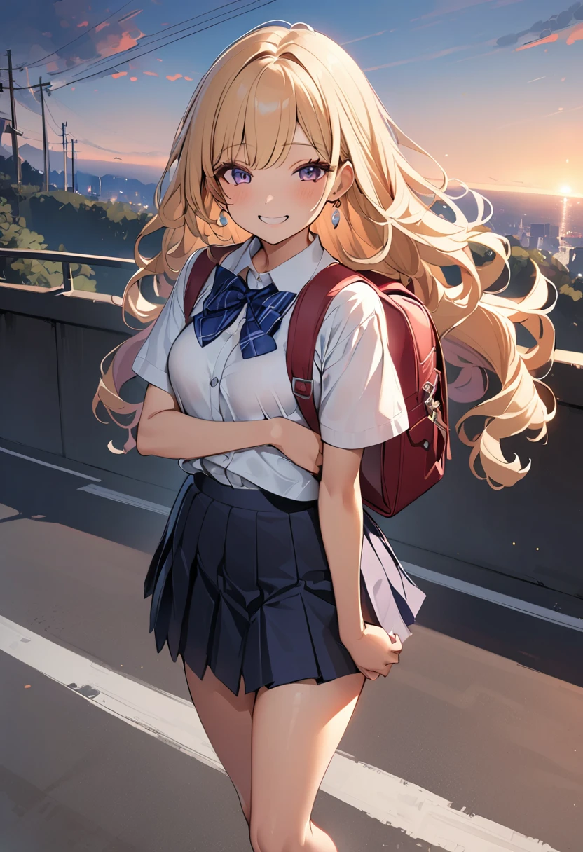 ((masterpiece:1.3, Highest quality, Ultra-high resolution, Very detailed), (Realistic:1.1, photoRealistic:1.4), Beautiful illustrations, Perfect lighting, colorful, Written boundary depth, 
Beautiful detailsまでこだわった髪, Beautifully detailed face, Beautiful details, Beautiful clavicle, Beautiful body, Beautiful breasts, Beautiful thighs, Beautiful legs, Beautiful fingers, 
View your audience, 1 Girl, Japanese, high school girl, Perfect Face, (Perfect Anatomy, Anatomically correct), Cute and symmetrical face, Baby Face, Sunburn, Shiny skin, 
(Mid-length hair:1.5, Twin tails:1.2, blonde), Asymmetrical bangs, blue eyes, Long eyelashes, (Medium Chest), thin, 
((Collared short-sleeved shirt, Light blue shirt, , Grey plaid pleated skirt, To the Navy)), No pants, 
(Beautiful views), evening, (Outdoor, distant cityscape), Are standing, (peace sign), (Cute Smile, 鬠红、Upward glance, Open your mouth), (Perverted old man opens up girl&#39;Cat:1.3),