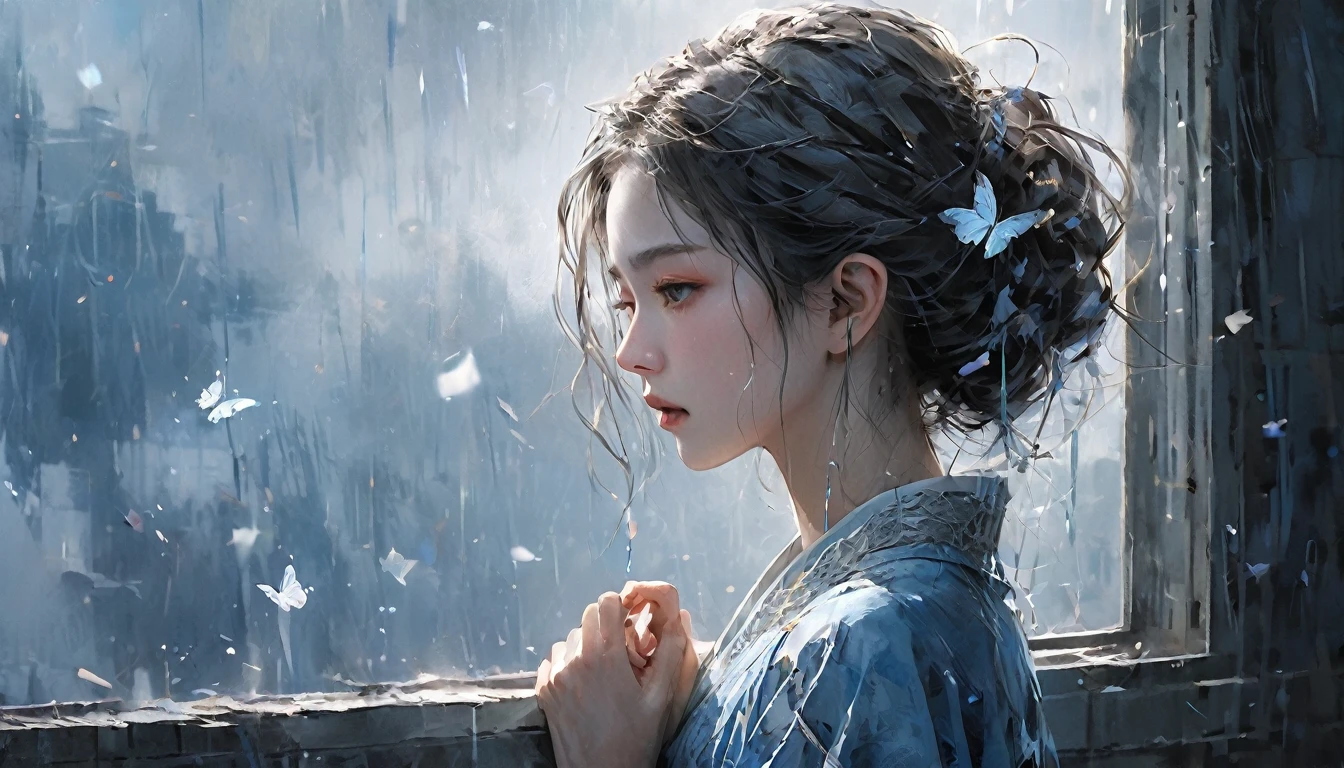 rain、right ,prayer, Beautiful woman, Sad look, Faded elegance,　Waiting for the return , rainに打たれながら祈る , A poignant atmosphere, Lost Beauty, Melancholic mood, Fascinating, Eternal Sadness, Contrasting, Delicate Decay,Line art,Backlight,Wind,Backlight,Stardust,(Wind:1.2),knight,Blue Blood, Fire and butterfly , Fingers are both methods５Book