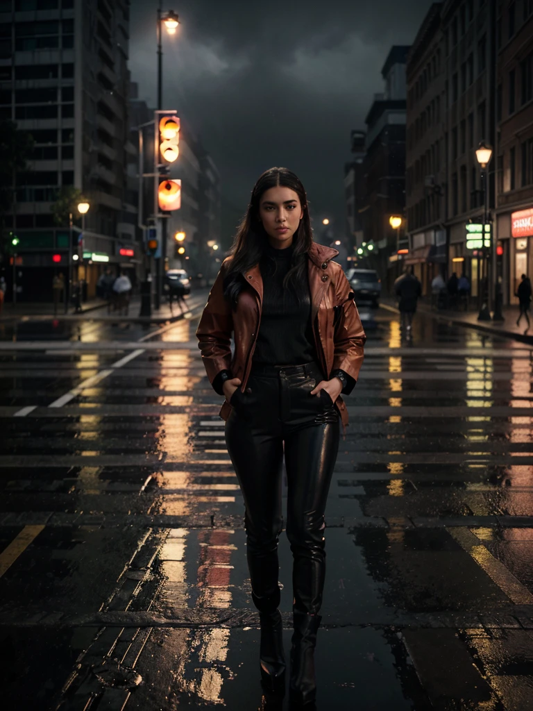 a girl standing in the middle of a zebra crossing, rainy day, realistic, cinematic lighting, volumetric fog, wet asphalt, (best quality,4k,8k,highres,masterpiece:1.2),ultra-detailed,(realistic,photorealistic,photo-realistic:1.37),intricate details,beautiful detailed eyes,beautiful detailed lips,extremely detailed face and portrait,long eyelashes,moody atmosphere,cinematic composition,dramatic lighting,vibrant colors,realistic rain effects,1girl,wearing a lether jacket and a whight pants,high heels