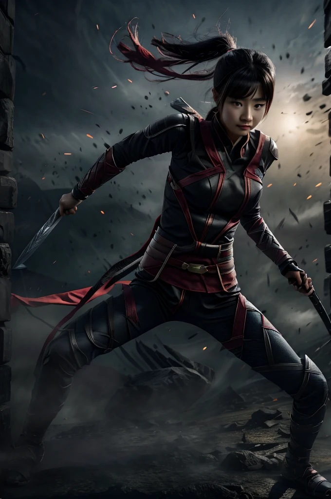 superhero, modern super hero costume, ninja, with a Chinese sword, Beautiful Chinese woman, 20 years, Chinese woman with bangs, courageous character, Kind, Brave, on the battlefield, atmospheric perspective, Motion blur, 8k, super detailing, Best quality, uhd, high detail