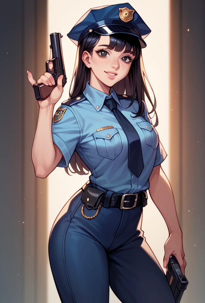 1 beautiful police woman, slim female police officer in uniform, evening soft lighting, detailed face and big black eyes, long black hair with fringe, light pink lips, smiling at viewer, holding gun in hand.