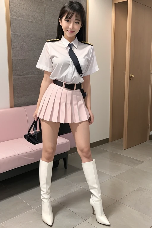 Smiling beautiful Japanese woman、22 years old、Officer、soldier、Good looking、Standing posture、Shiny high heel knee-length white boots、Stiletto heels、Narrow toes、Pink military uniform、Pink pleated mini skirt、White blouse、Pink tie、White belt、White diagonal shoulder strap、Stepping on something、Floor tiles、Officerの帽子、Small room、extermination