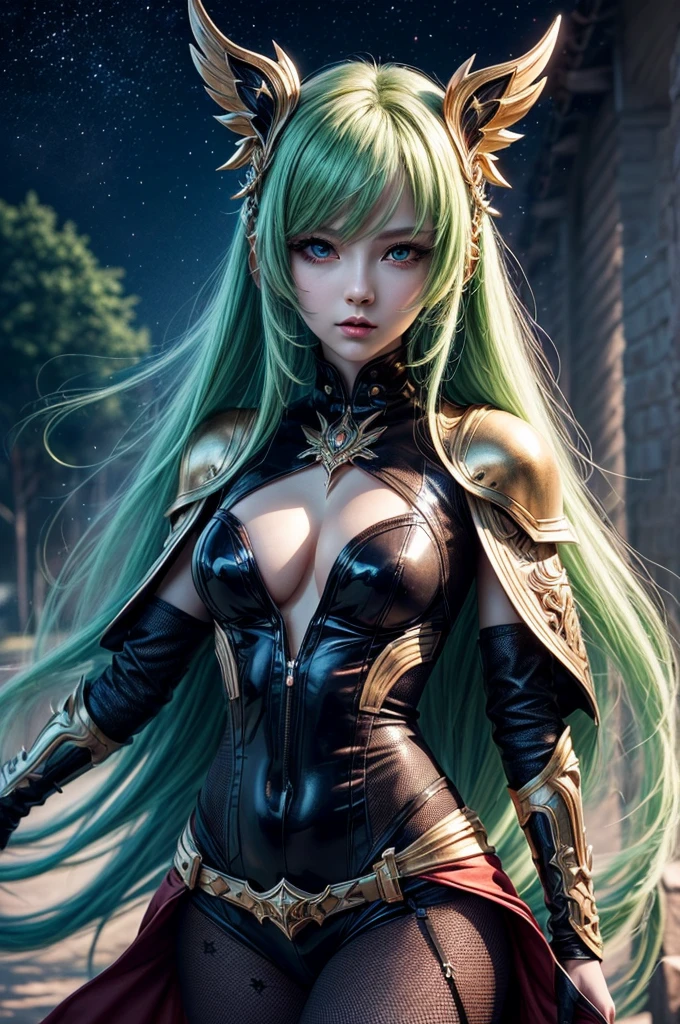 In the middle of forest plane there is beatiful siren who dance under the stary night sky, she have neatiful face long green hair with orange highlights her eyes in emerald green red lipsick and smoky eyes make up, hwe haken body civer only with black transparent spiler web vail, (ultra high quality fantasy art, dark fantasy style, masterpiece, ultra high quality character design, 8k quality anime art, realistic anime art, top quality wallpaper illustration, detailed ultra high quality accurate face, high quality design and accurate physic)