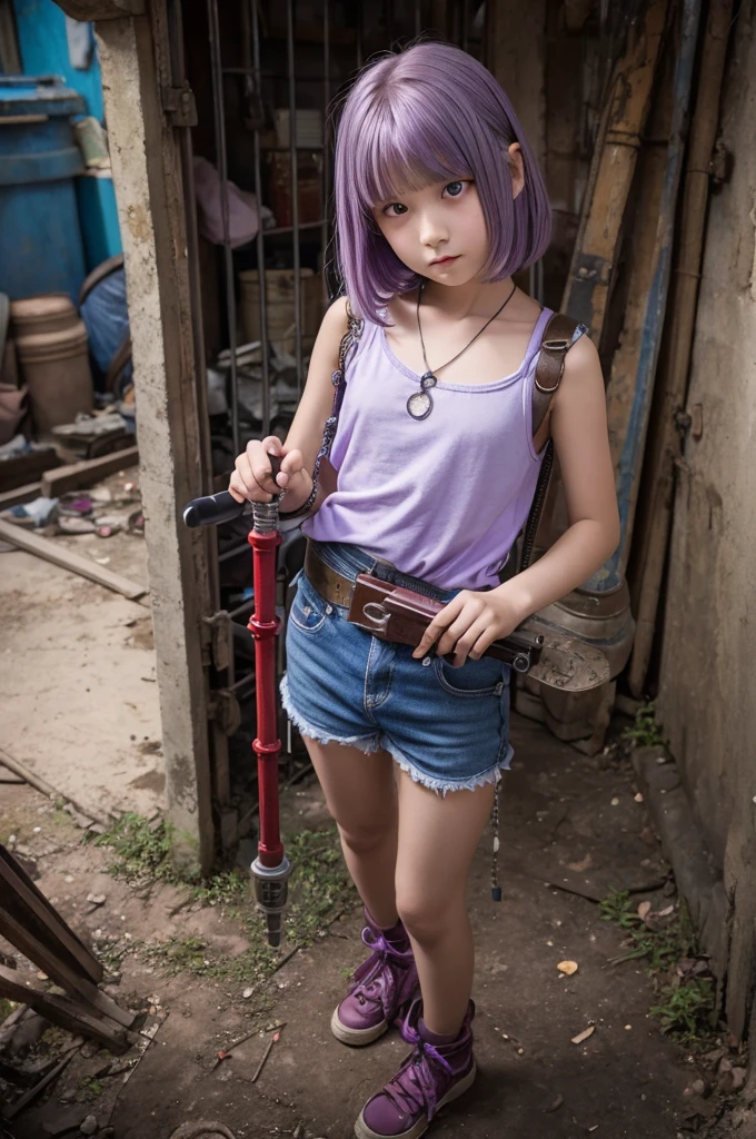 Girl with light  violet hair
, red eyes, blue pendant
 Shaggy hair, slum kid.
 big gun in hand, iron shackles
Dirty clothes