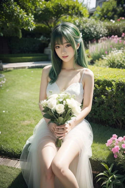 Japanese beautiful girl with green hair, loli, fair skin, garden, white dress, sexy tulle, holding bouquet
