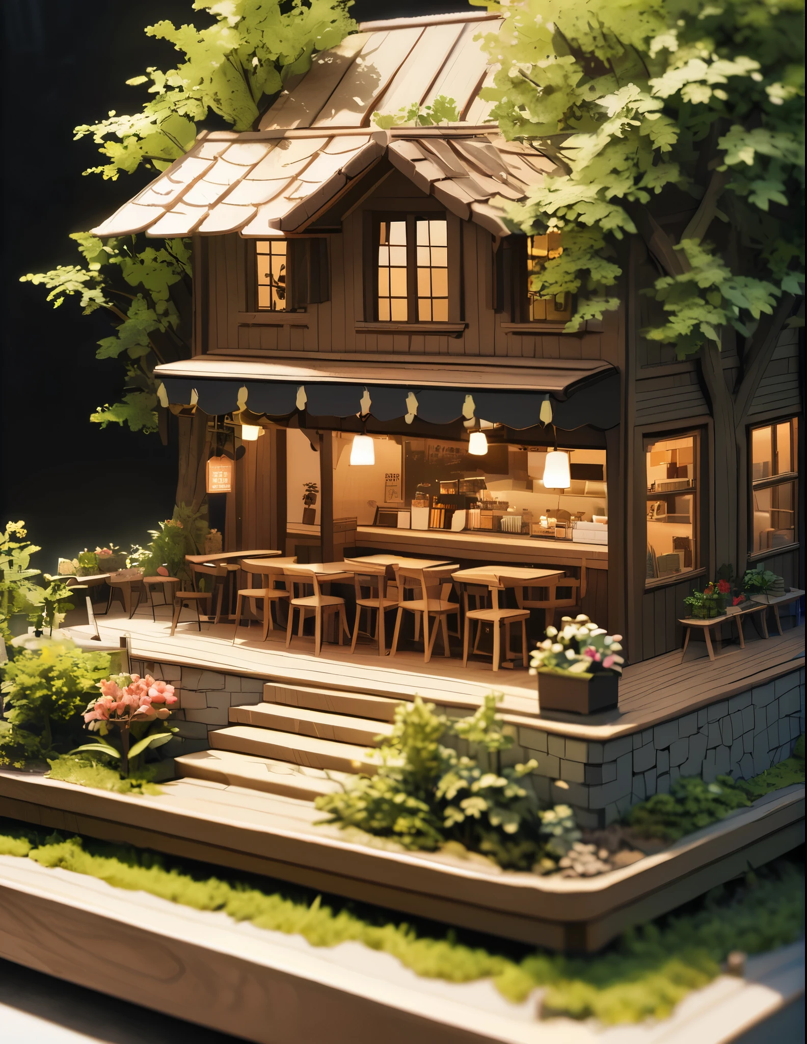 (Miniature House),(Exquisitely crafted),in the forest,(Cute coffee shop),Light production