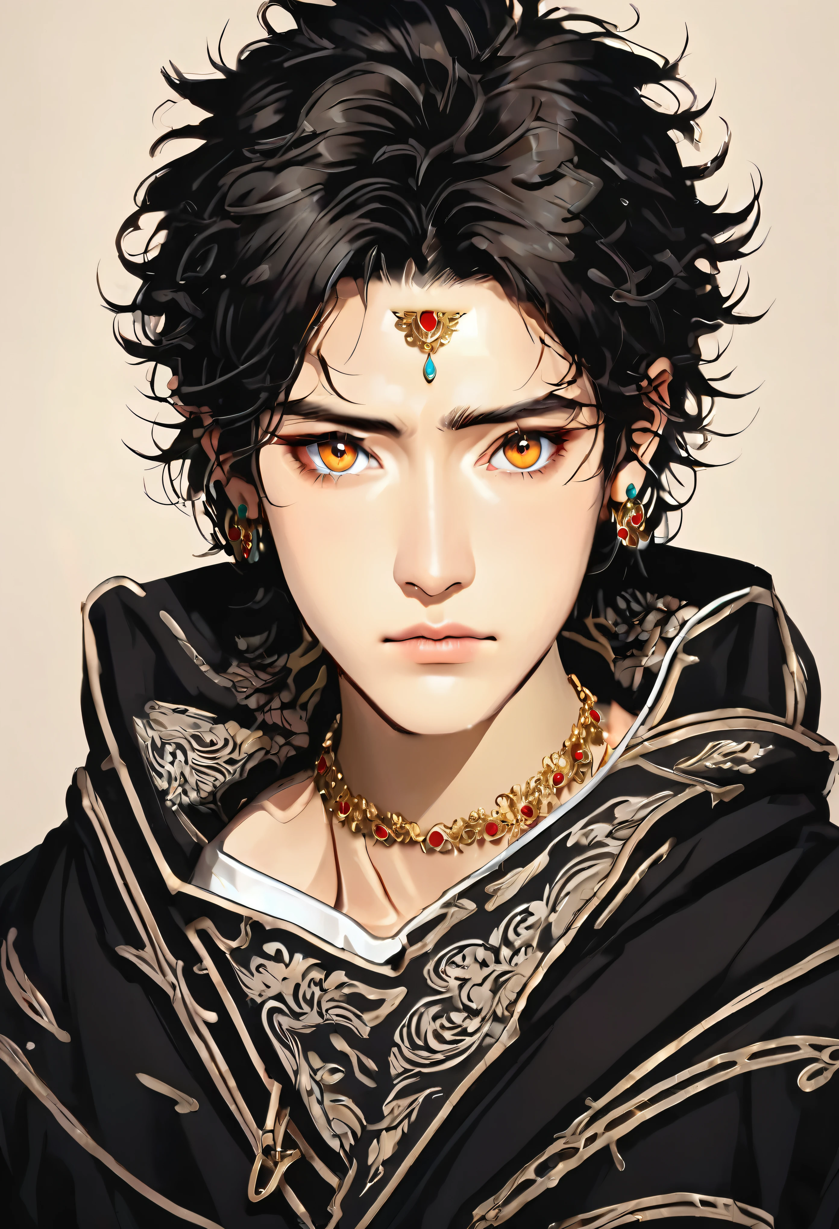 intricate golden headpiece with embedded gemstones, ornate golden metal earrings, red animal eyes, lavish golden metal neckpiece, detailed jewelry, high quality, photorealistic, 8k, hyper detailed, cinematic lighting, dramatic colors, fantasy, digital art