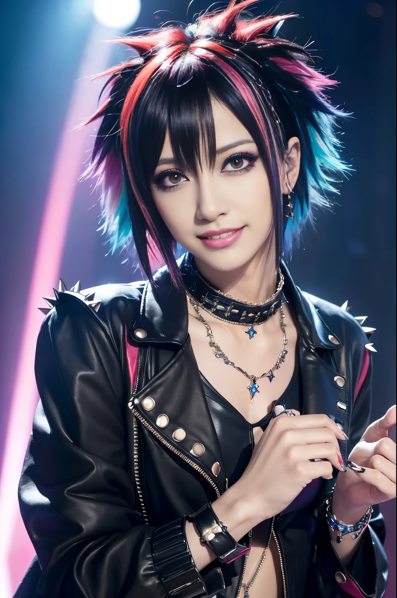 (masterpiece:1.4), (best quality:1.4), ultra high res, ultra high resolution, ((ultra detailed facial features)), HDR, (realistic, photorealistic, photo-realistic:1.37), 1 man, full body Esbian, sexy Japanese male, (-anime), vivid colors, ((vivid colors multicolor (Visual Kei style spikes very short hair))), (big smile), ultra detailed glam rock makeup, bold lipstick, long lashes, defined eyebrows, wearing large dramatic Nana Visual Kei jewelery, wearing a Nana Visual Kei cosplay, ((vivid Nana Visual Kei outfit)), layered clothing, look at the camera, cinematic light, rockstar festival stage background with multicolor lights, sweet and sexy pose