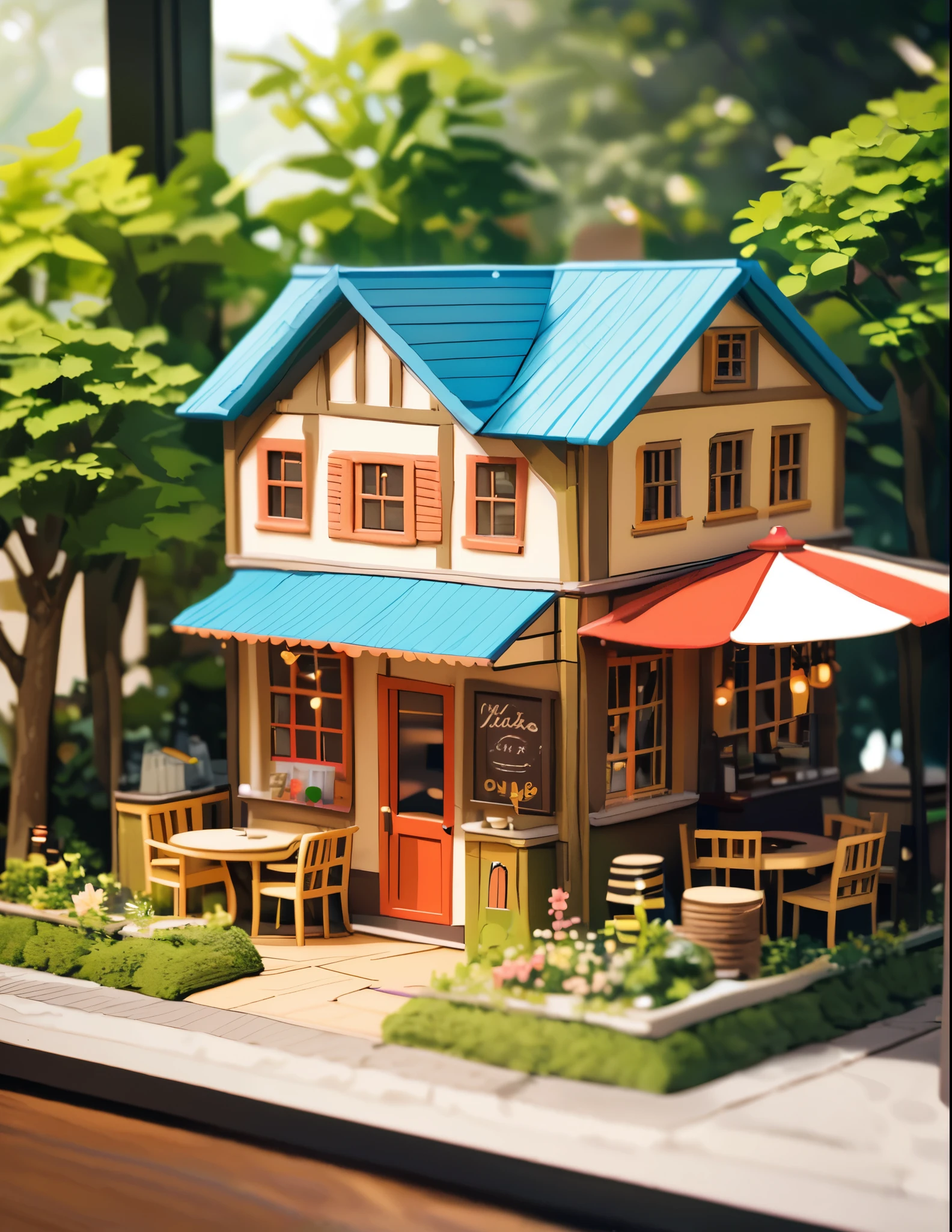 (Miniature House),(Exquisitely crafted),in the forest,(Cute and colorful coffee shop),Light production