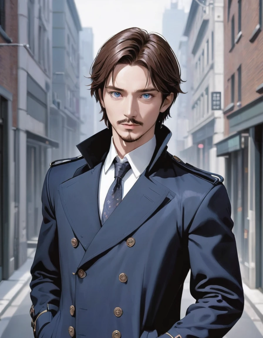 1man, mature male, parted bangs, medium-short hair, brown hair, muscular male celeb, short goatee, short mustache, indigo eyes, gentleman, elegant netori male, dark iris, upperwaist, ideal ratio body proportions, 1man, mature male, parted bangs, medium-short hair, brown hair, muscular male celeb, short goatee, short mustache, indigo eyes, gentleman, elegant netori male, dark iris, upperwaist, BREAK solo, white collared shirt, gray trench coat, black neck ribbon, in gentle sasaki style, visual novel, 2010s, extreme all detailed, masterpiece, best quality