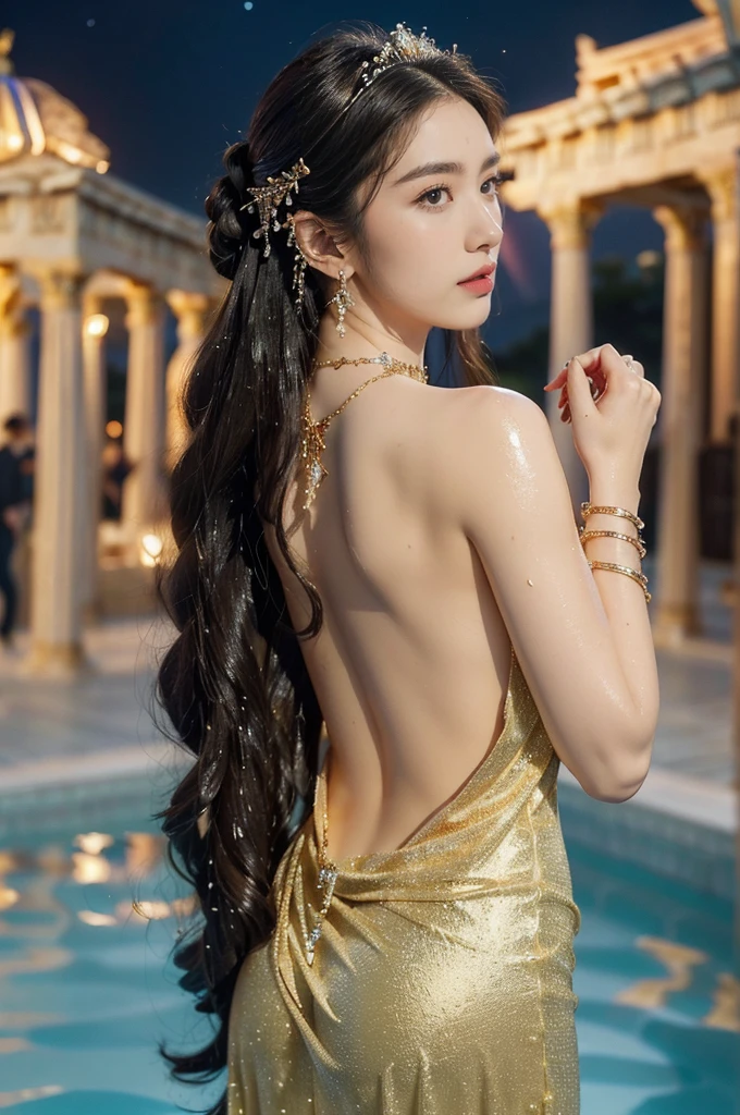 (((best quality))),(((ultra detailed))),(((masterpiece))),illustration,((1 beautiful girl,ancient greek princess,solo)),((earrings,crystal necklace)),(((sweat,wet,shiny skin))),((slim,thin)),((bare back,towering hips,butt crack)),(Gorgeous sheer dress:1.3),(((luxurious pool,grand temple,starry night sky))),summer,radiant complexion,(shoulder length straight hair:1.2),graceful,intricate patterns,embellishments,shimmering fabric,rainbow colors,gentle waves,fragrant oils,lush plants,elegant columns,serene ambiance,(surrounded by crowded crowds of attendants:1.3),ritual of cleansing,opulence,tranquility,solitude,busy life,timeless,enchanting image,essence of ancient greece,((from back,upper body))