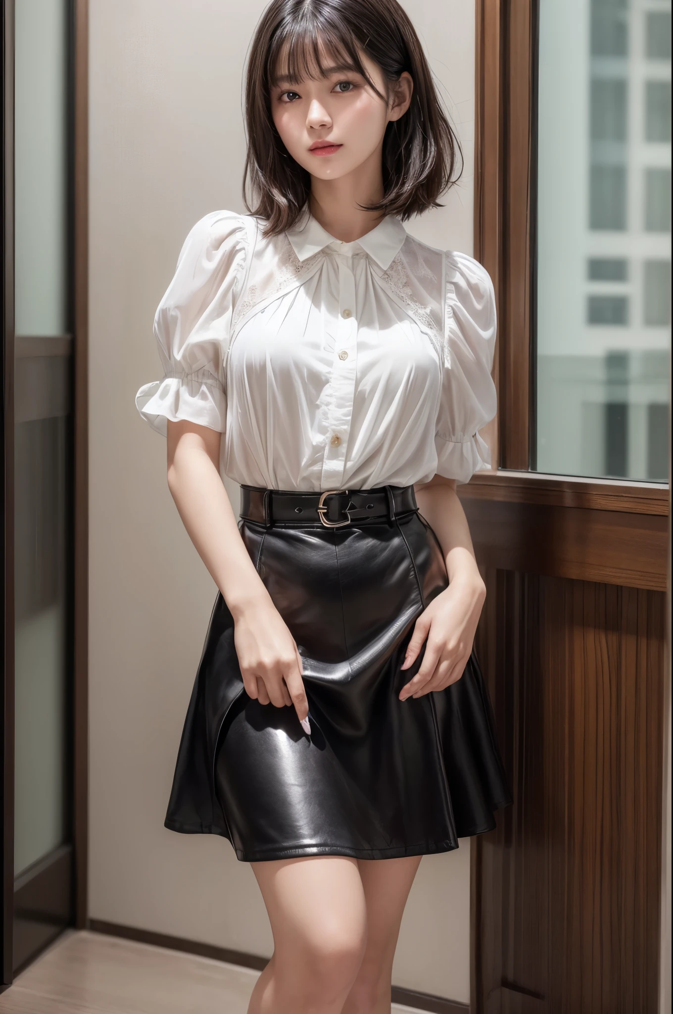 ((Best image quality、8k、masterpiece:1.3))、Realistic high-quality photos、Highest quality、Beautiful and elegant face and eyes、Black Hair、Shiny Hair、 OL、Wearing a short-sleeved blouse、Wear a long skirt、Full Body Shot.