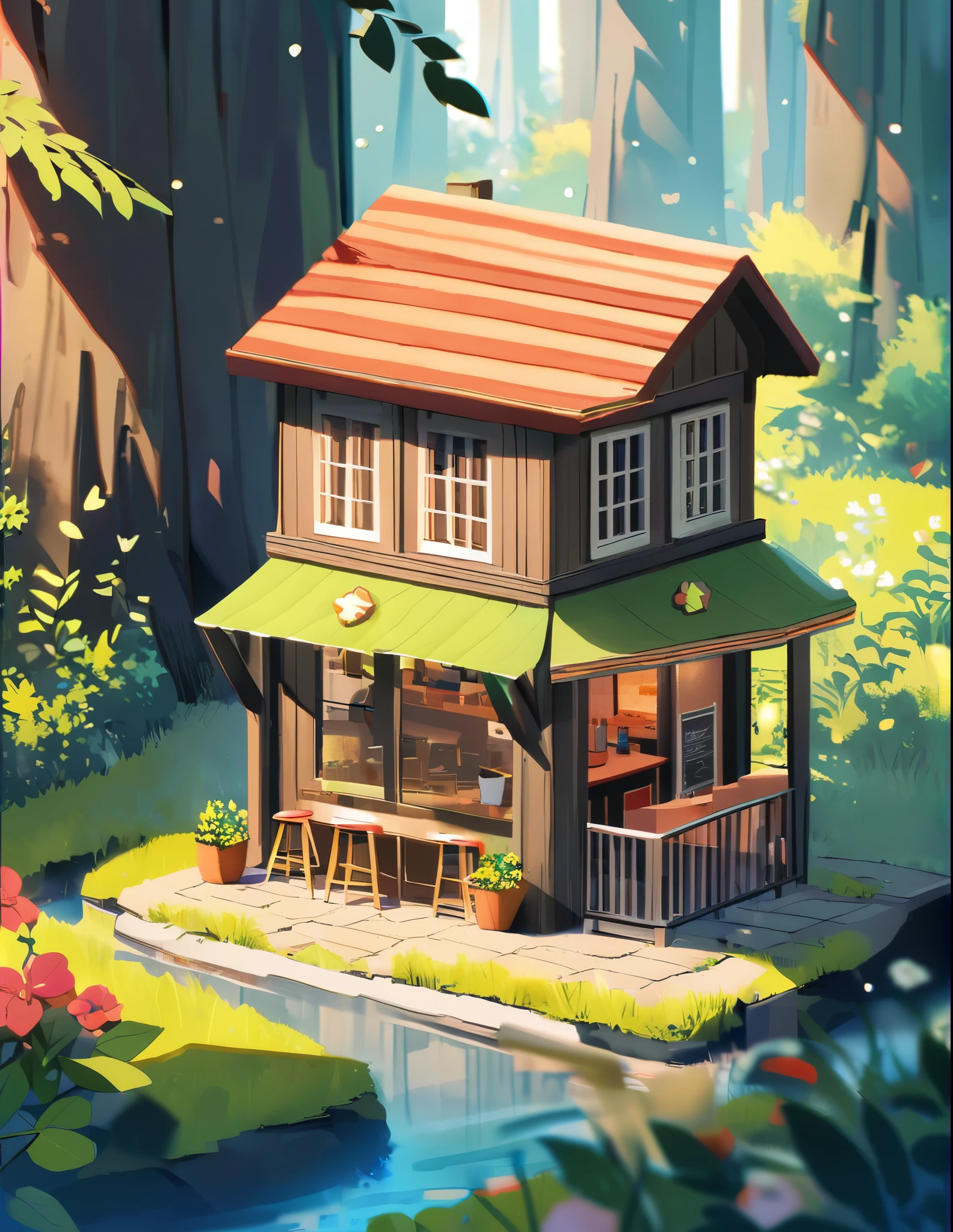 (Miniature House),(Exquisitely crafted),in the forest,(Cute and colorful coffee shop),Light production,3dcg,Digital Art