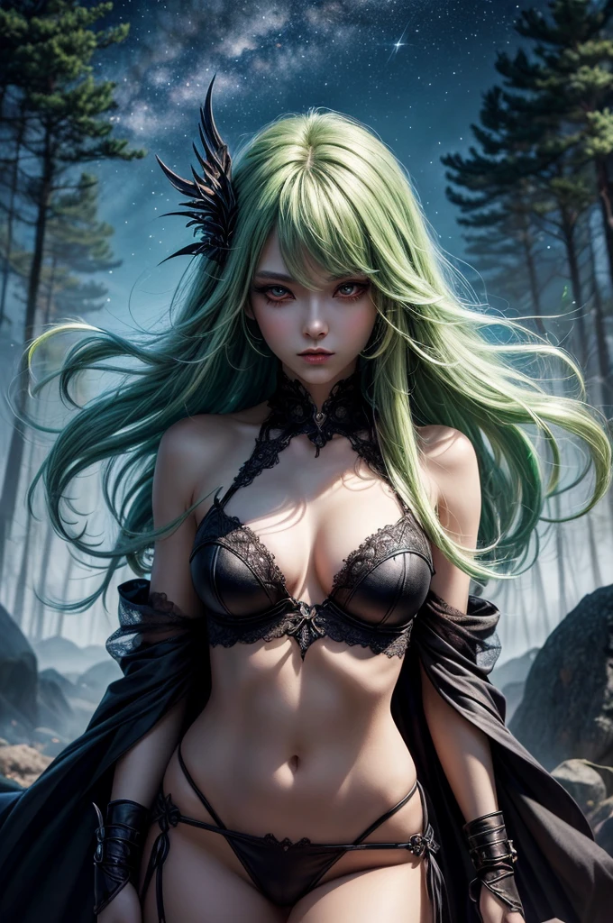 In the middle of  forest  plane there is beatiful siren who dance under the stary night sky, she have neatiful face long green hair with orange highlights her eyes in emerald green  red lipsick and smoky eyes make up, her naked body cover only with black transparent spiler web vail,  (ultra high quality fantasy art, dark fantasy style, masterpiece, ultra high quality character design, 8k quality anime art, realistic anime art, top quality wallpaper illustration, detailed ultra high quality accurate face, high quality design and accurate physic)