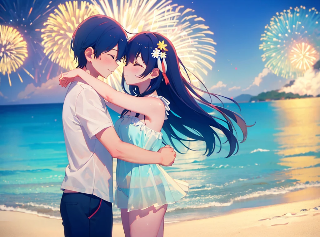 Couple in swimsuits on sandy beach. Sideways. Kissing with hands at sides. Bubble heart background around, Japanese fireworks festival scenery,