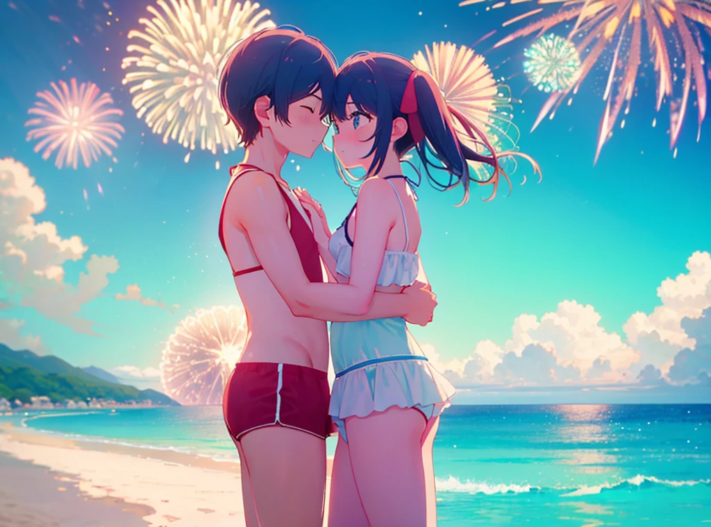 Seaside in the evening. Two women in one-piece swimsuits. Women are backlit and silhouetted. They overlap. Only the swimsuit part shines beautifully, and flower and butterfly patterns are visible. The two overlap and draw fantastic silhouettes.